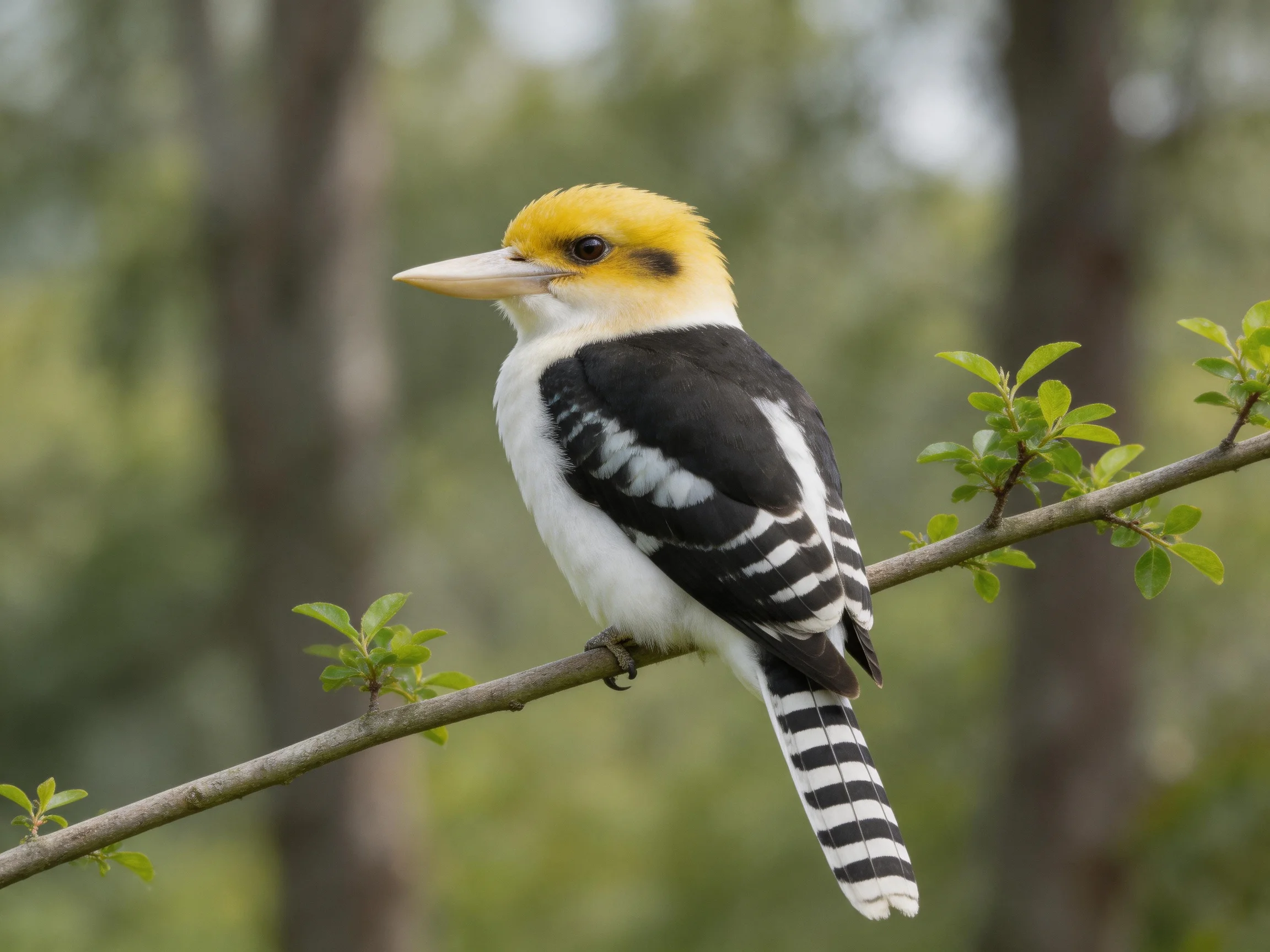 Yellow-headed woodpecker perched on a leafy branch