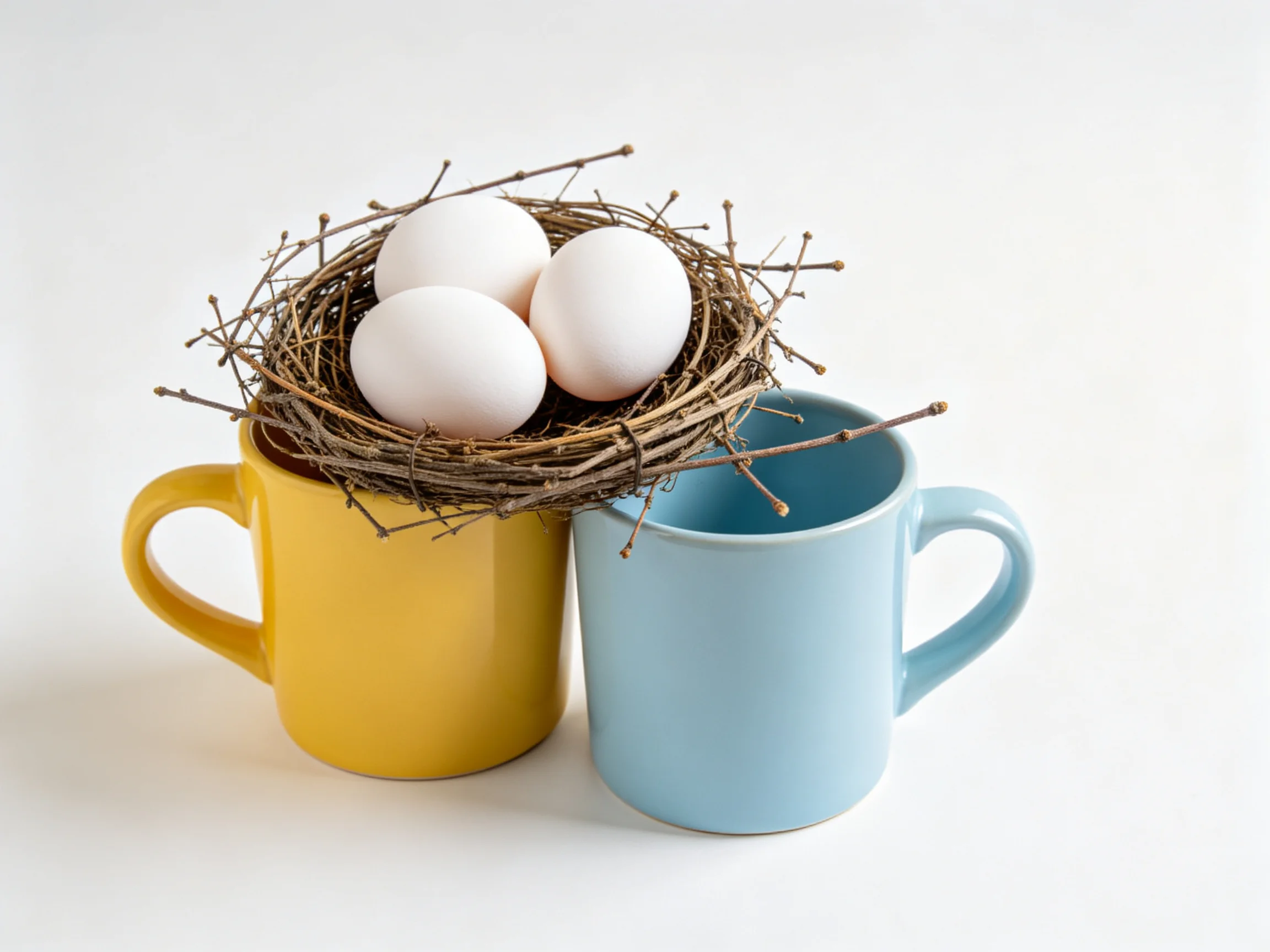 Yellow mug, blue mug, and birds nest with three white eggs