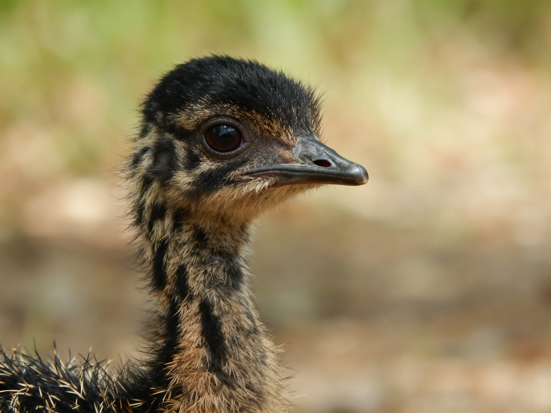 Close - up of a young bird with dark and light feather patterns against a softly focused background.