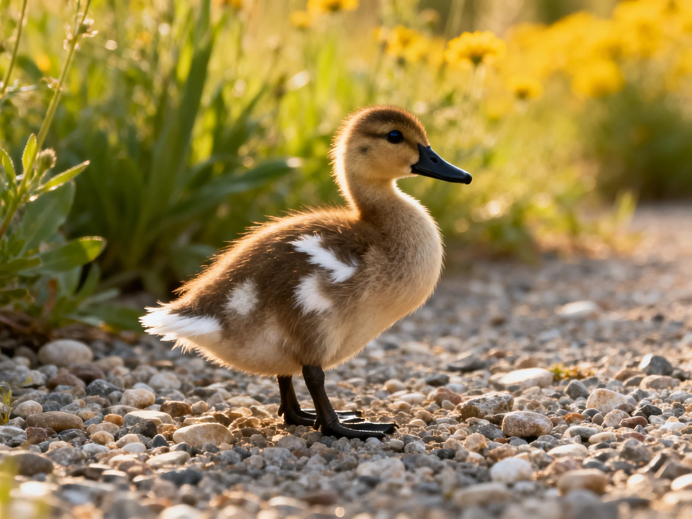 Young brown duckling on pebbly path with yellow wildflowers