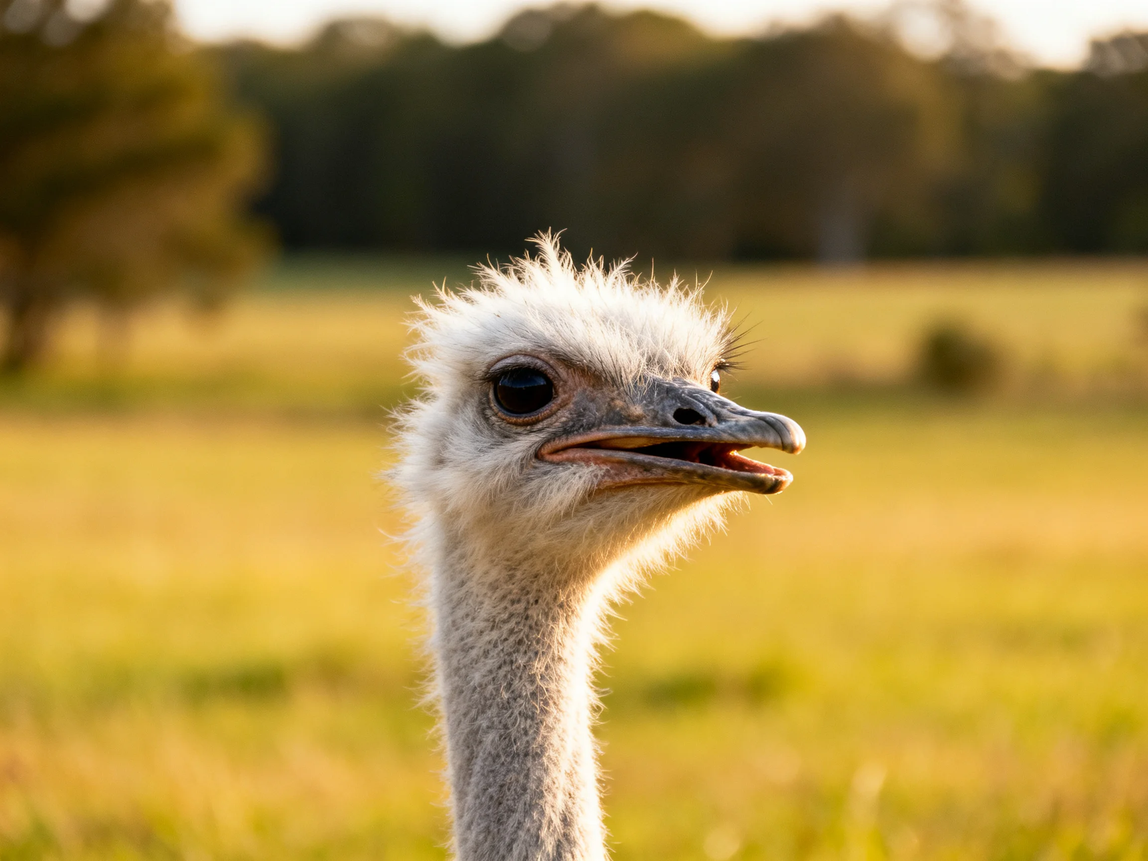 Young ostrich chick with fluffy plumage in a sunlit open field