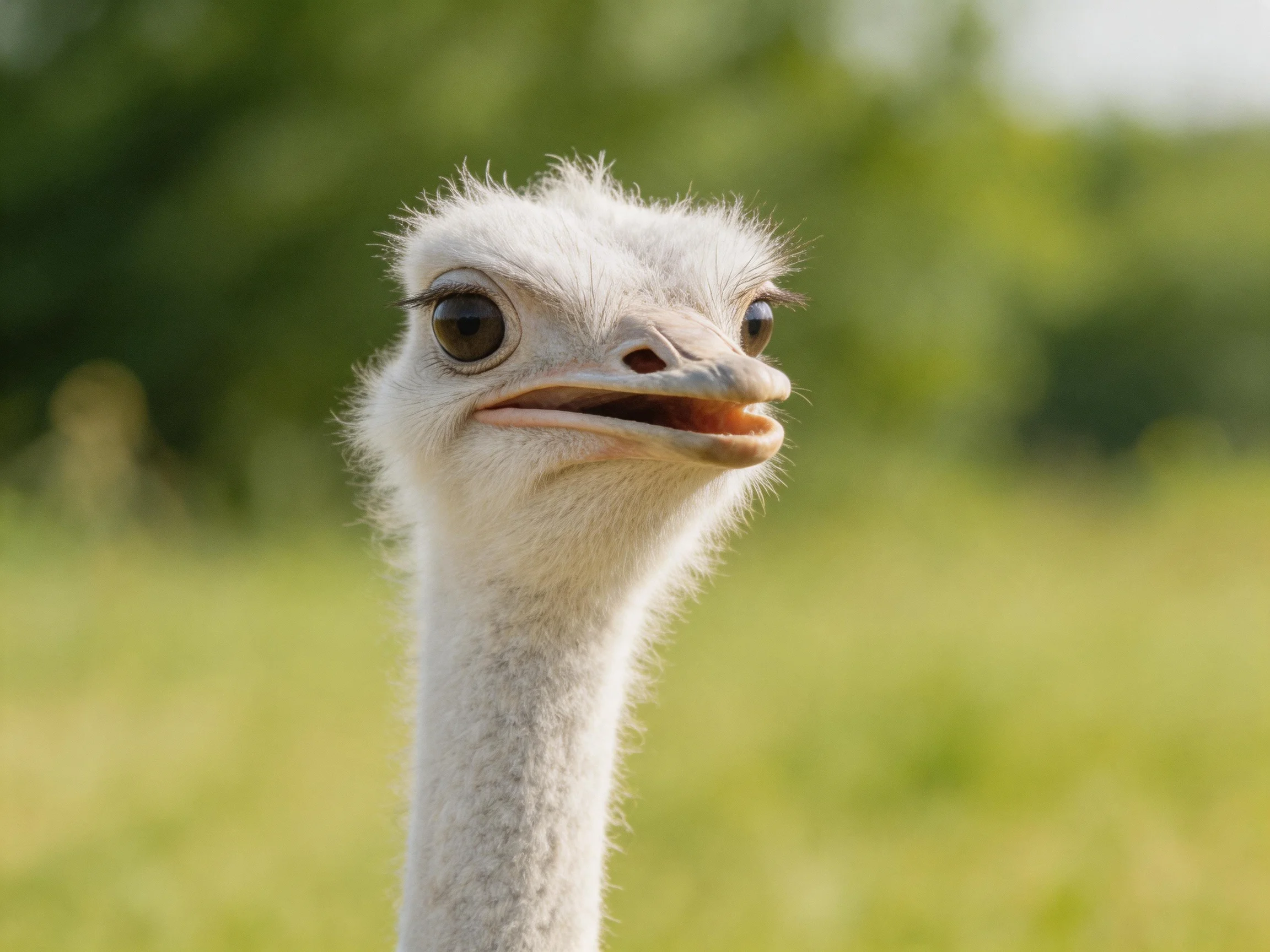 Young ostrich with fluffy white feathers in a green field