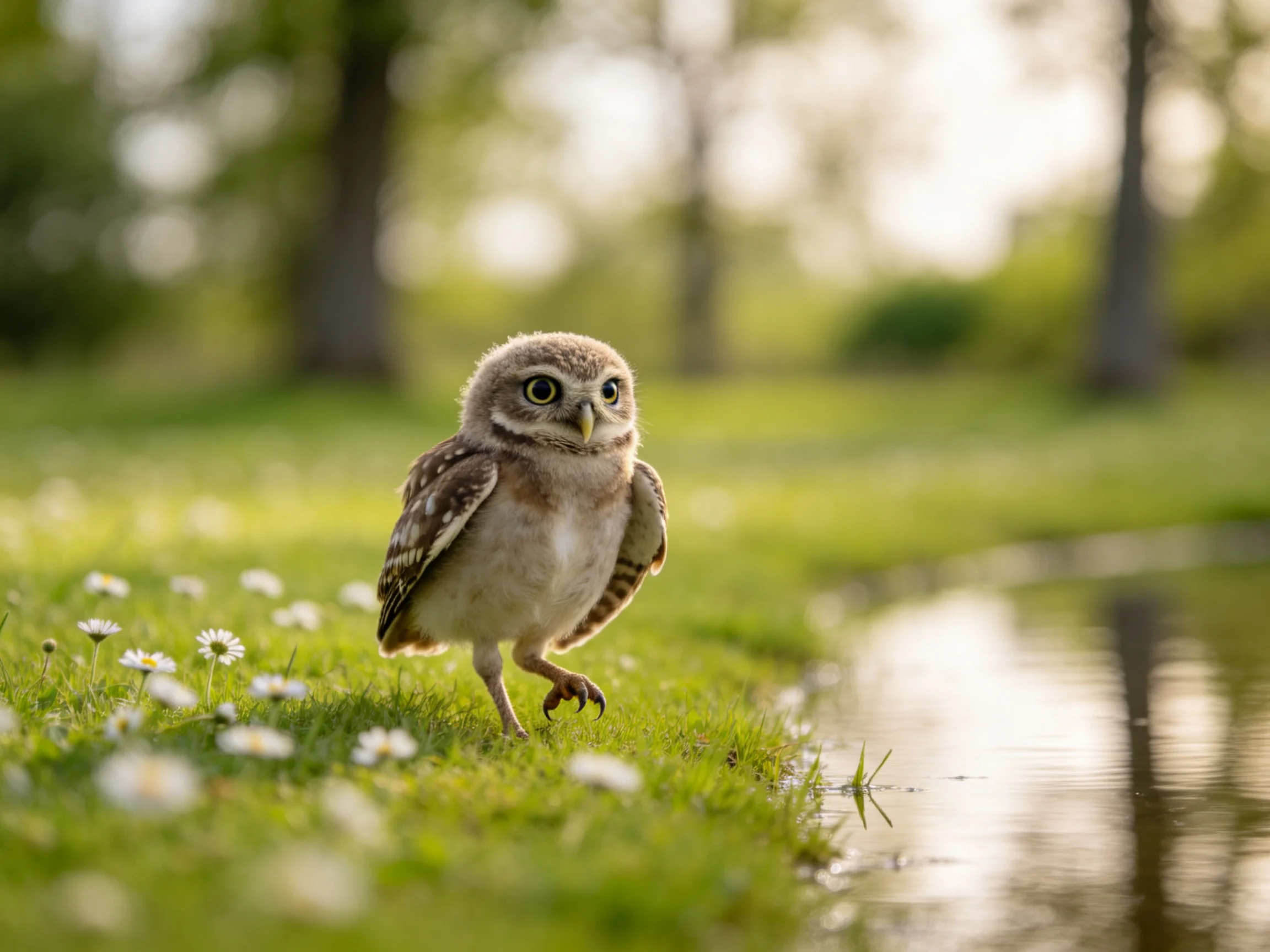 Young owl explores a flowered grassy edge beside calm water