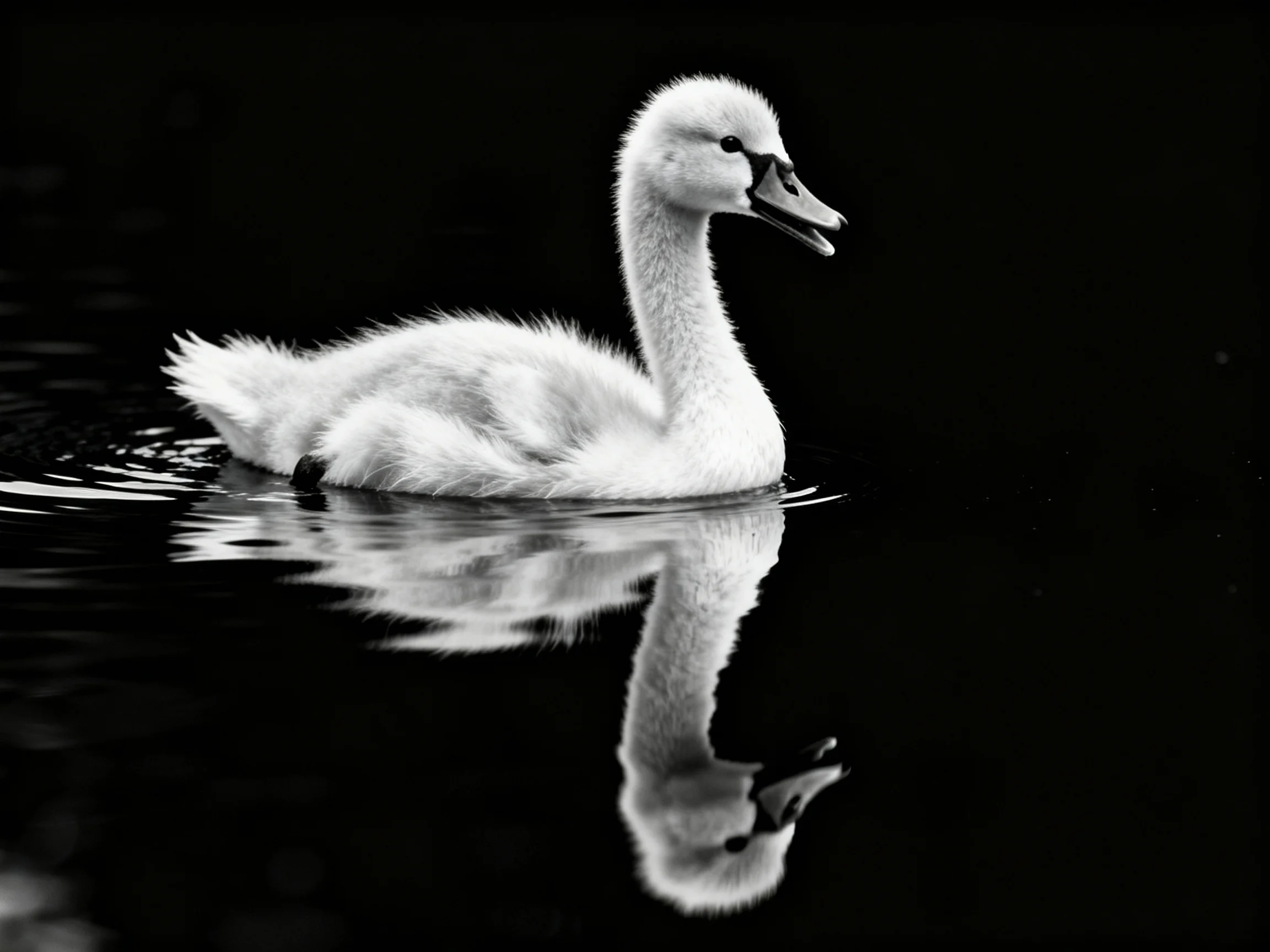 Young swan chick glides on dark water with reflection