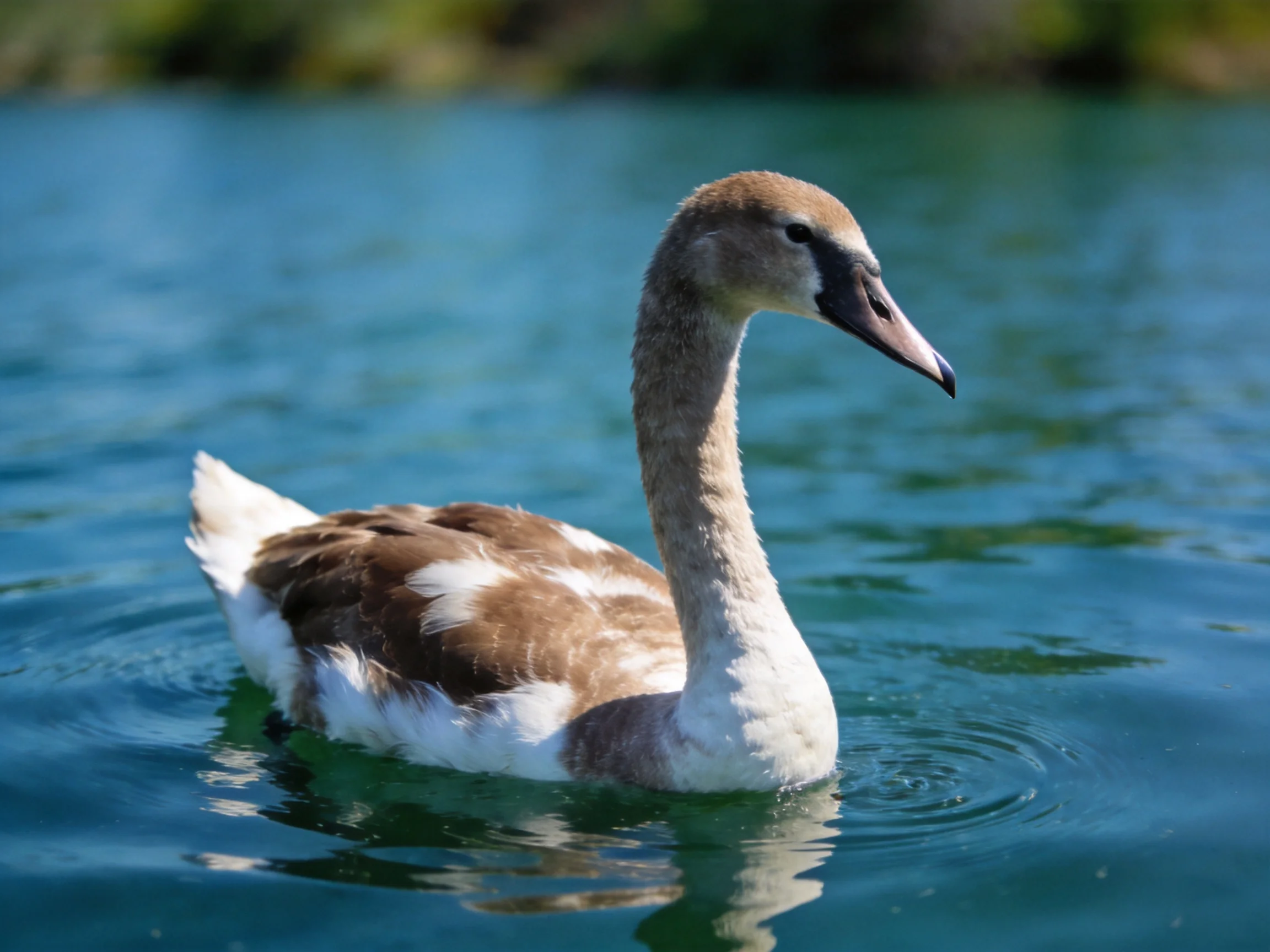 A young swan with brown and white feathers floats in clear blue water.