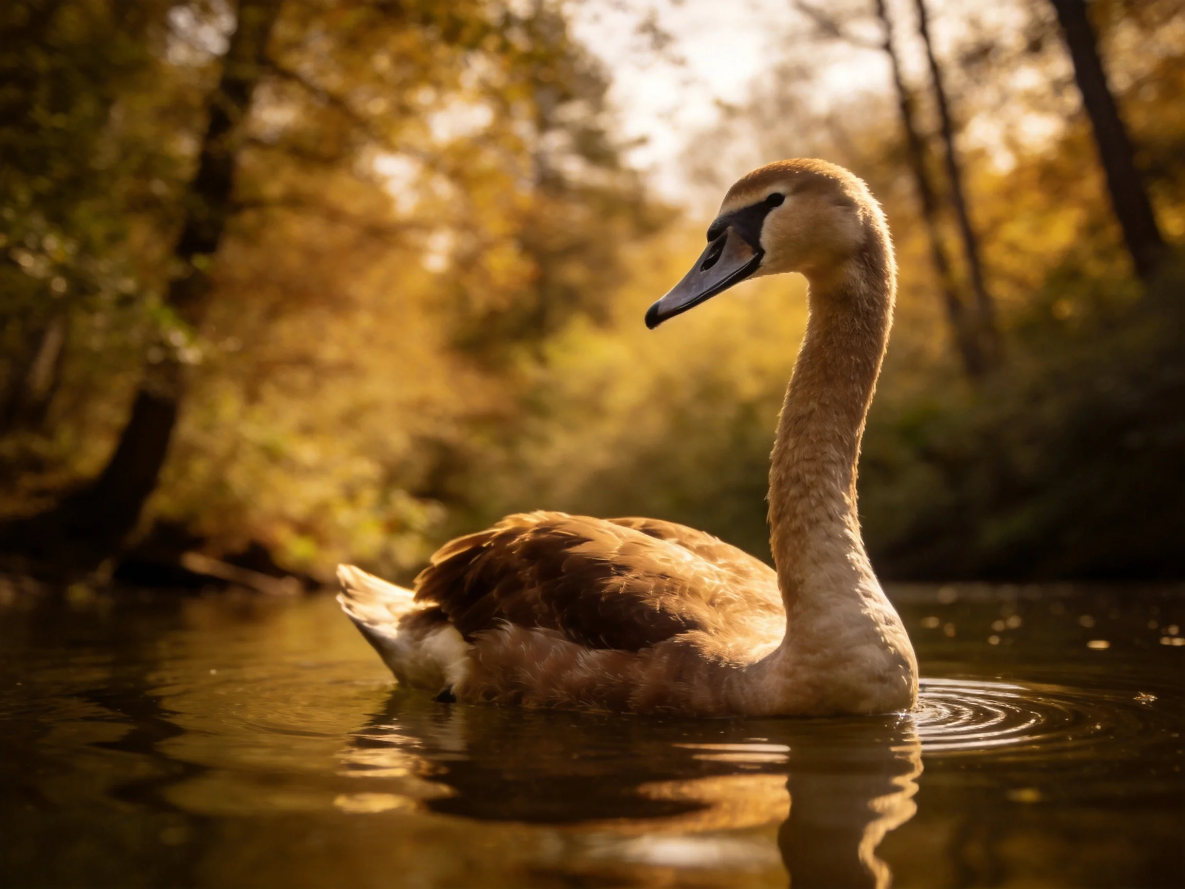 Young swan with brown feathers swims in calm water near golden trees