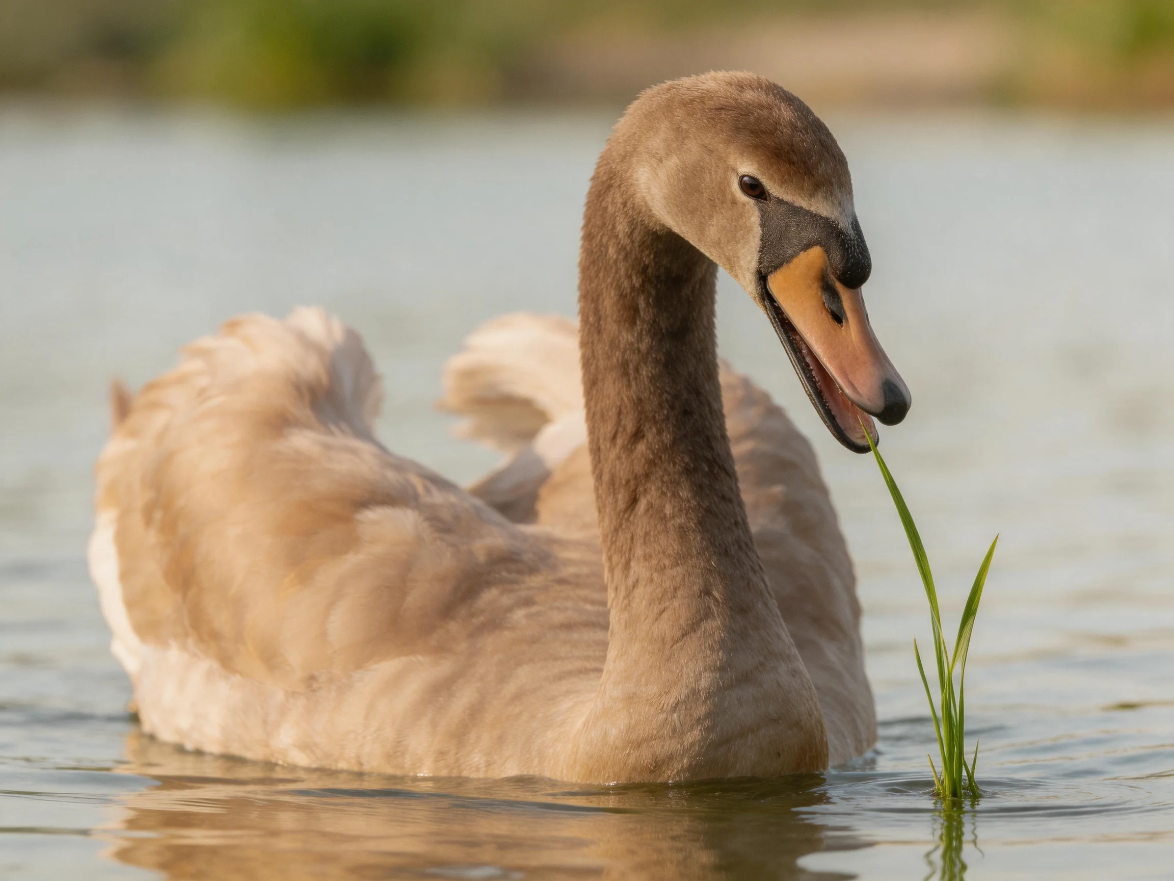 Young swan with brown plumage feeding on green reeds in calm water