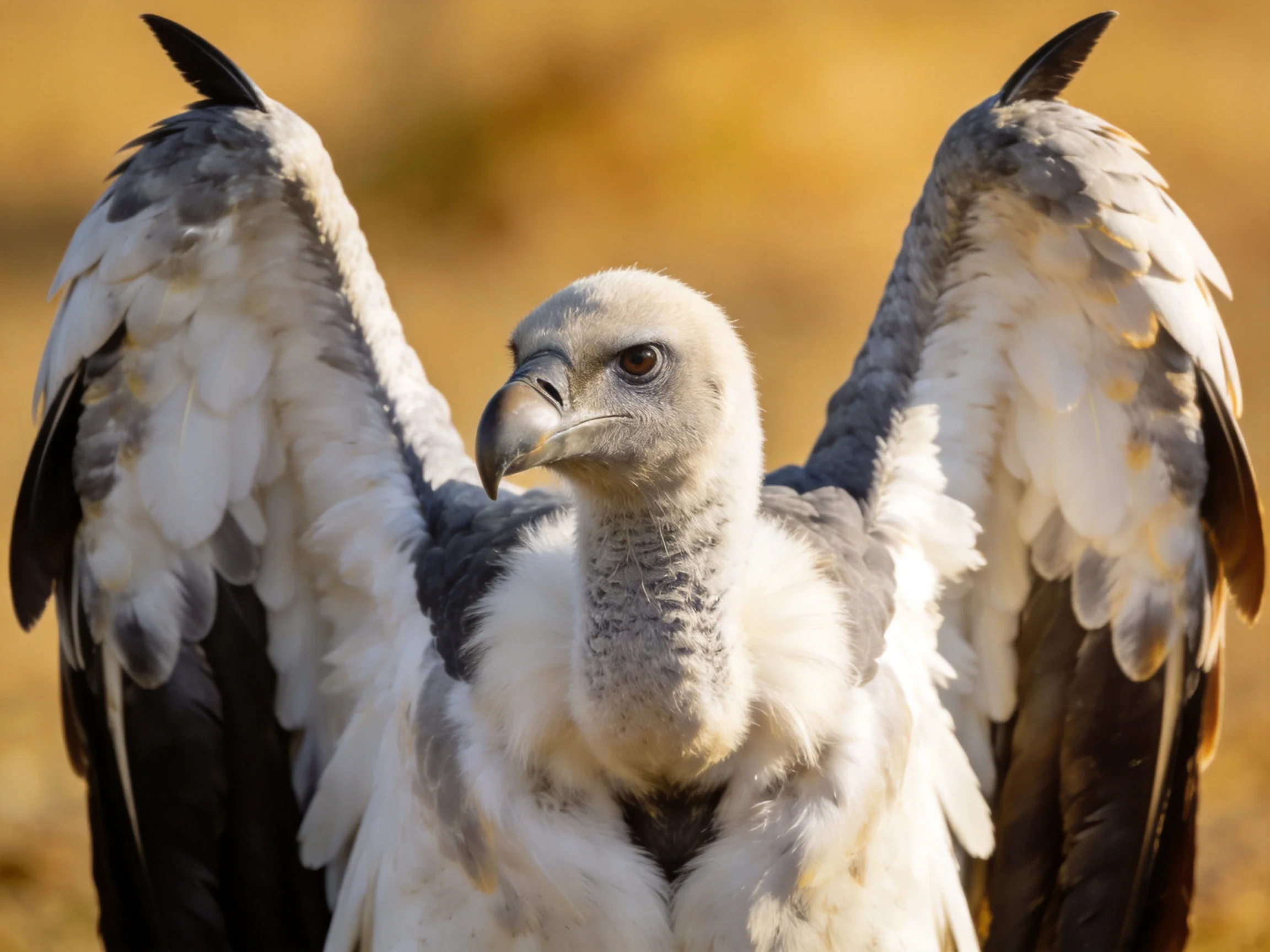 Young vulture displaying with white and gray plumage