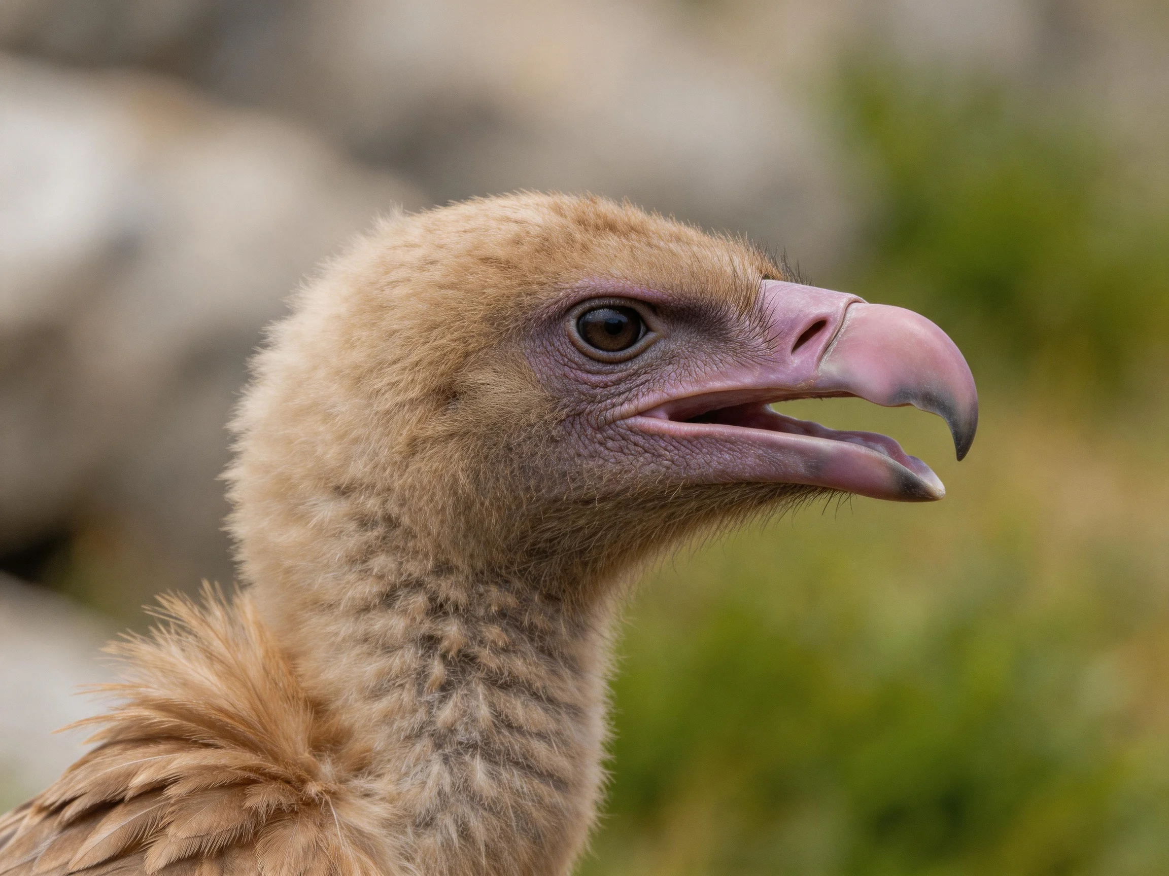 Young vulture with brown plumage and pink beak