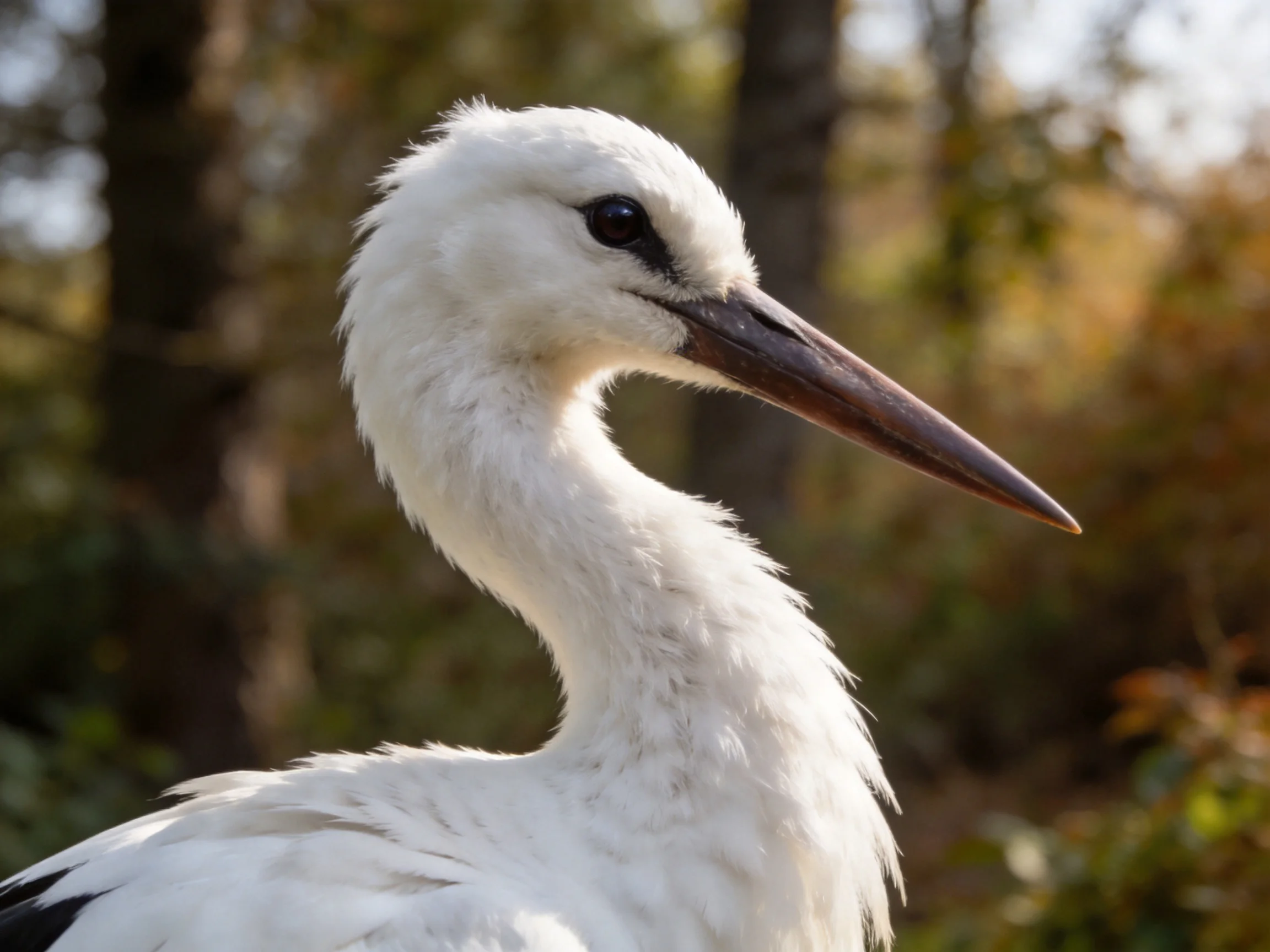 Young white bird chick with long pointed beak in forest