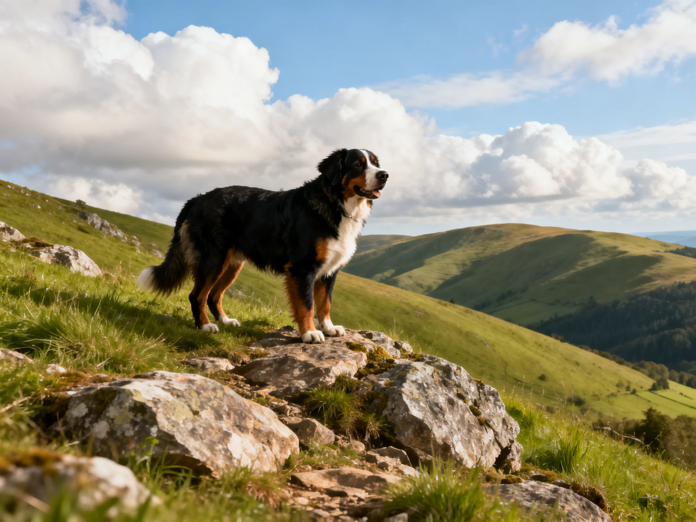 A Bernese Mountain Dog stands on rocky terrain with rolling green hills