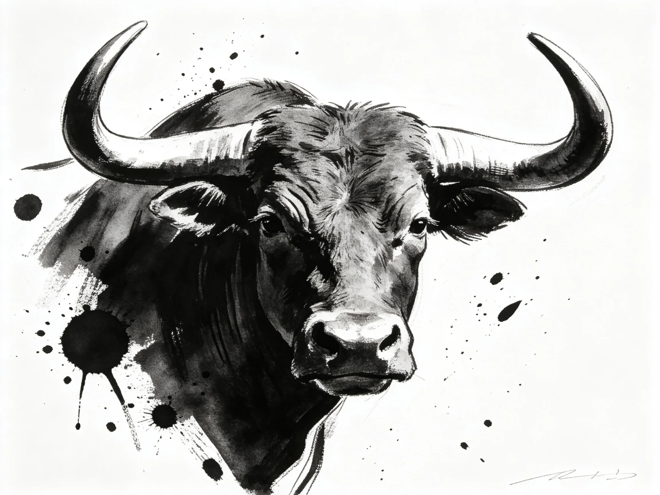 A Bold Black Ink Illustration of a Bull with Large Curved Horns