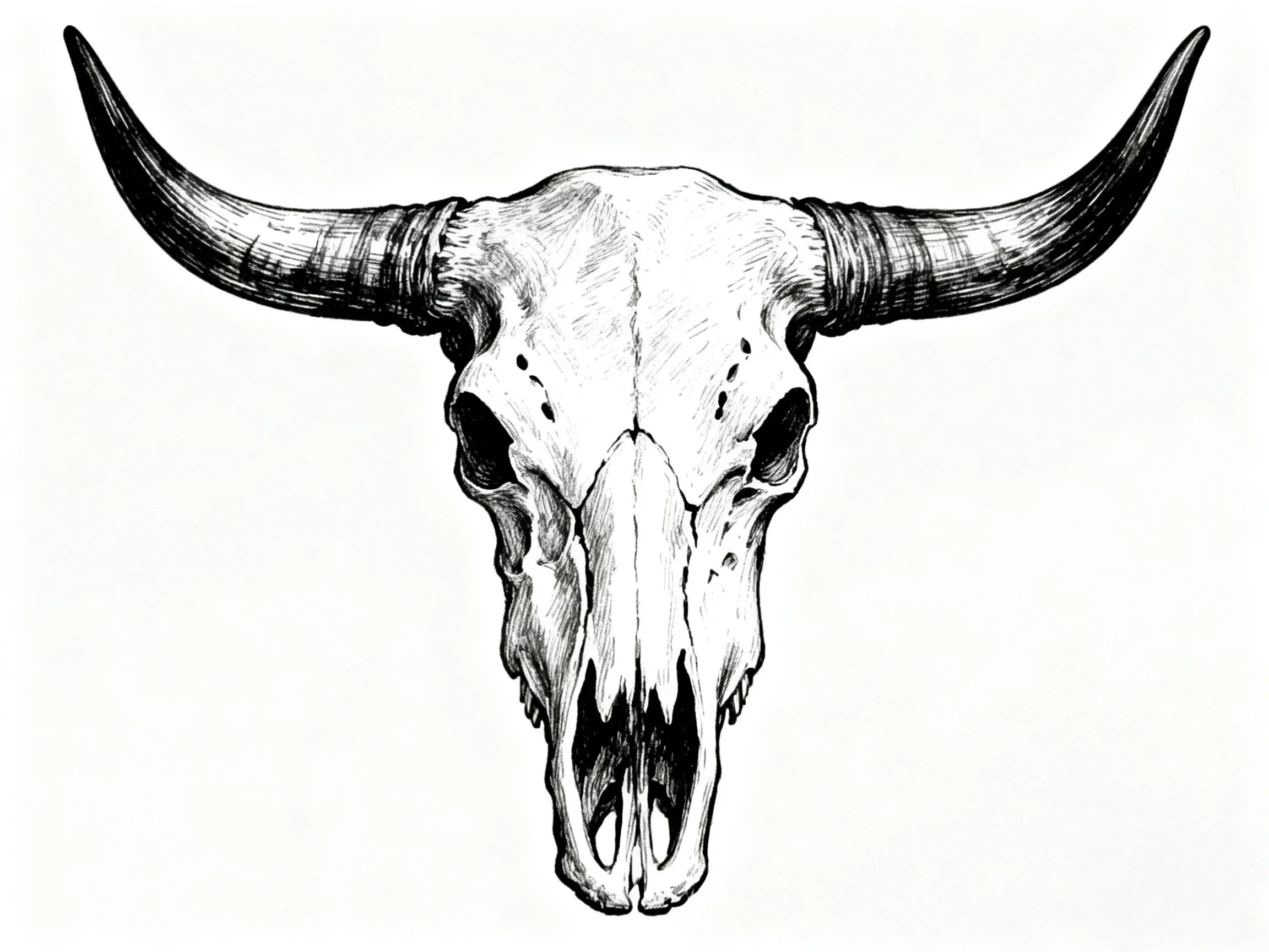 A Detailed Black-and-White Bull Skull with Large Curved Horns