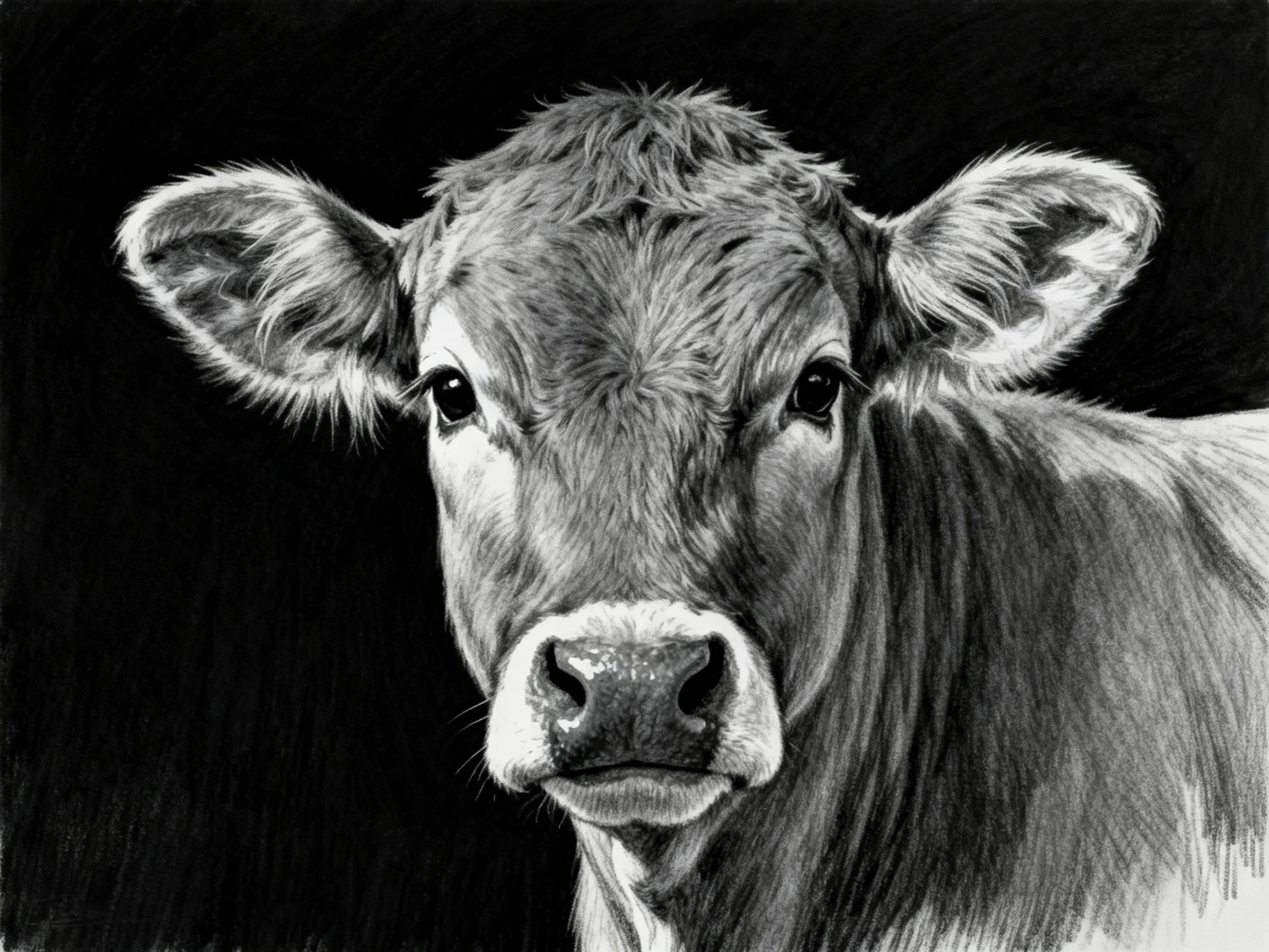 A Detailed Black-and-White Portrait of a Curious Calf