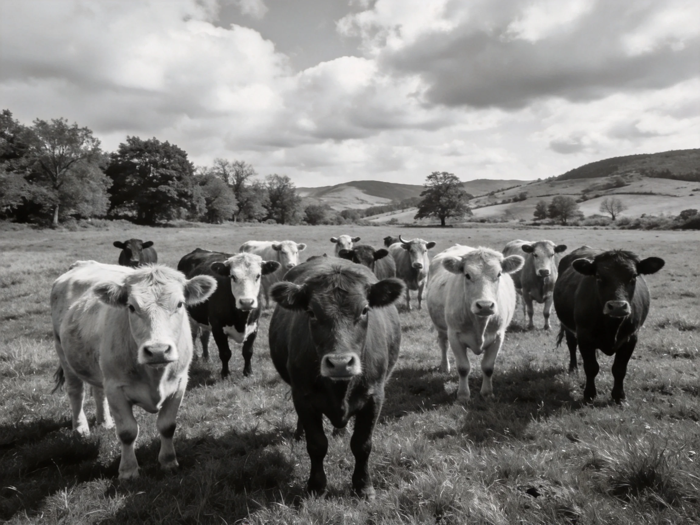 A Group of Black and White Cows in a Grassy Field with Rolling Hills