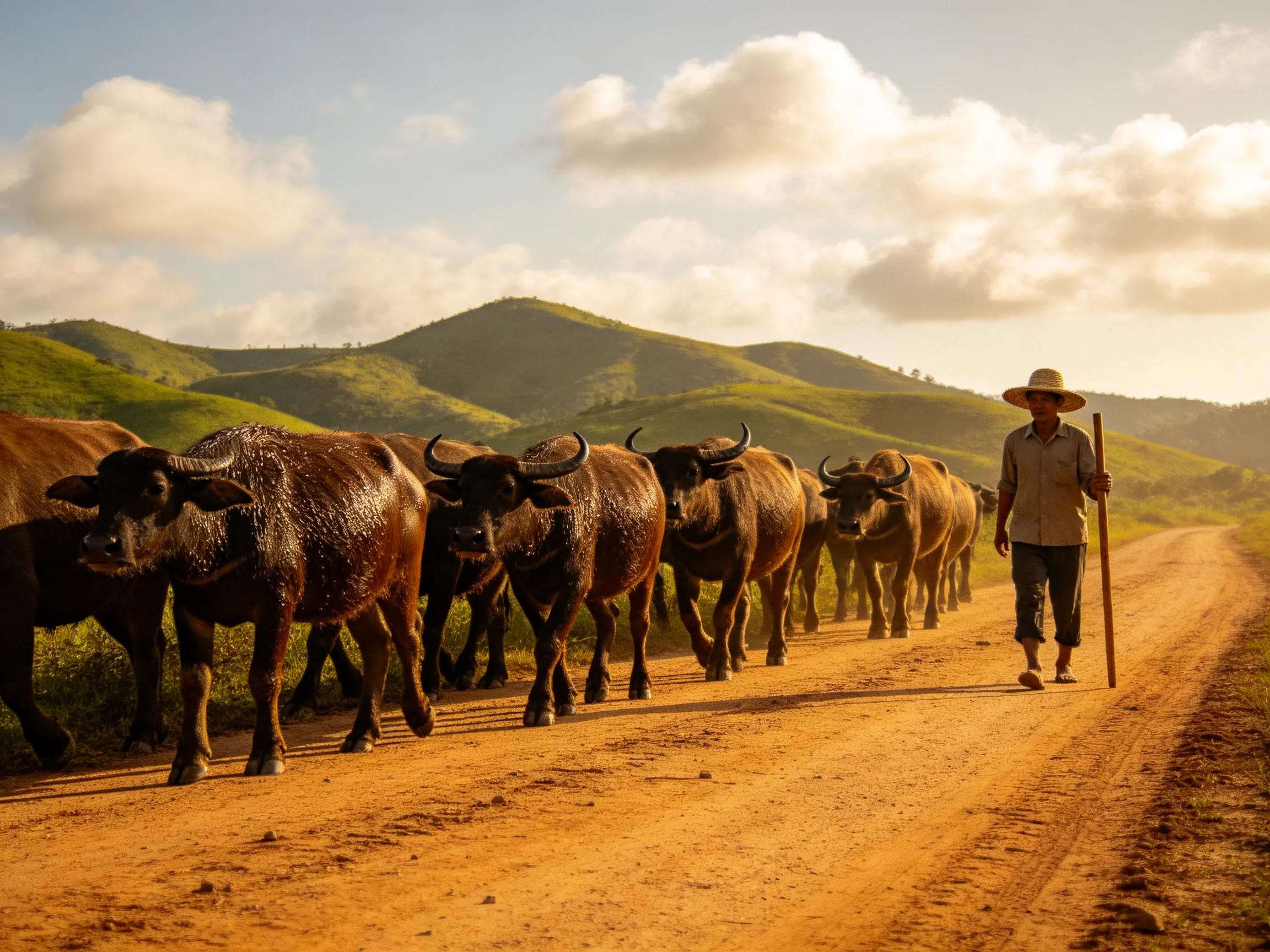 A Herder Leads a Large Buffalo Herd Along a Golden Dirt Road