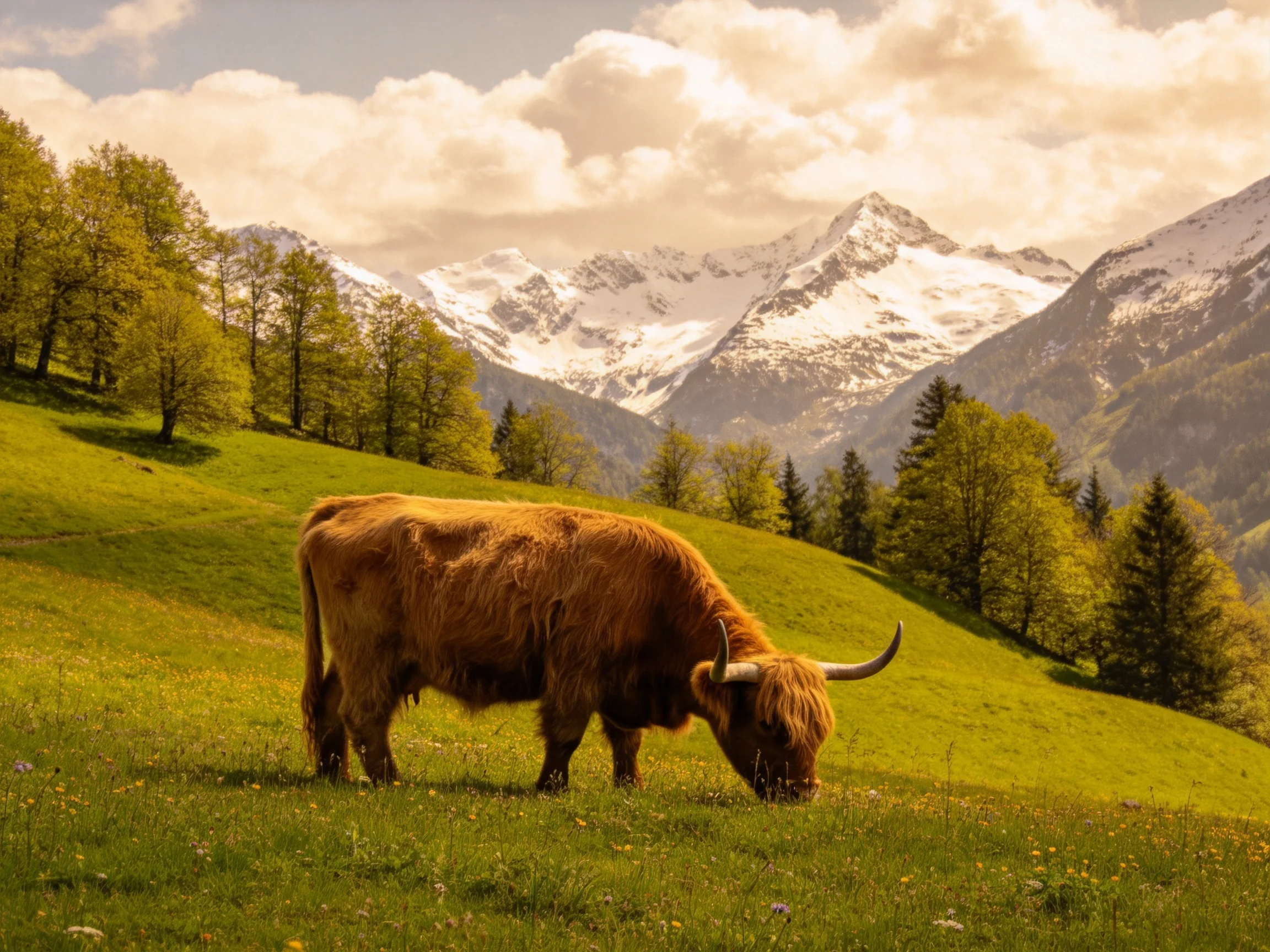 A Highland cow grazes in a lush meadow near snow-capped mountains