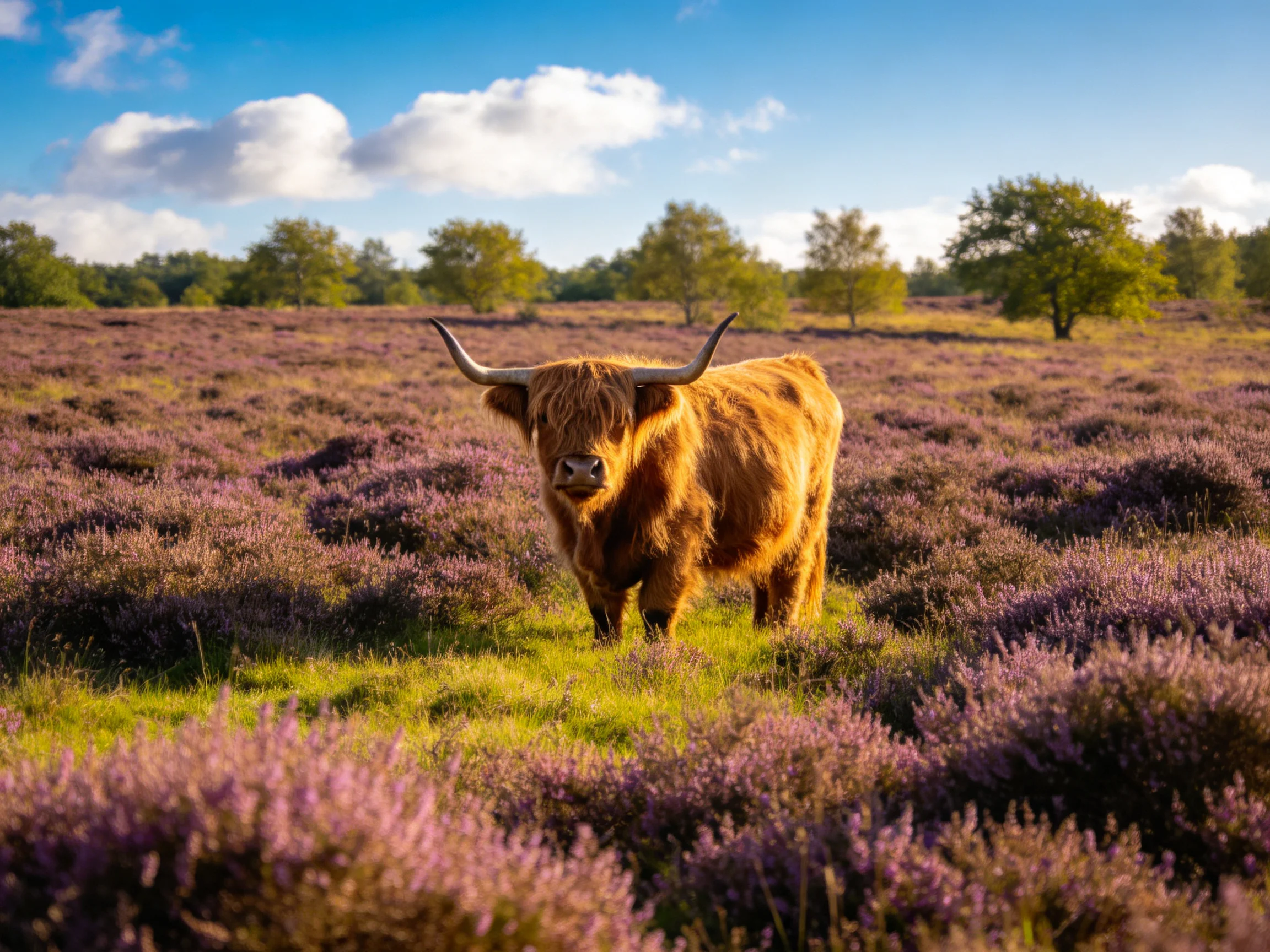 A Highland cow stands in a field of purple heather with trees and a bright sky.