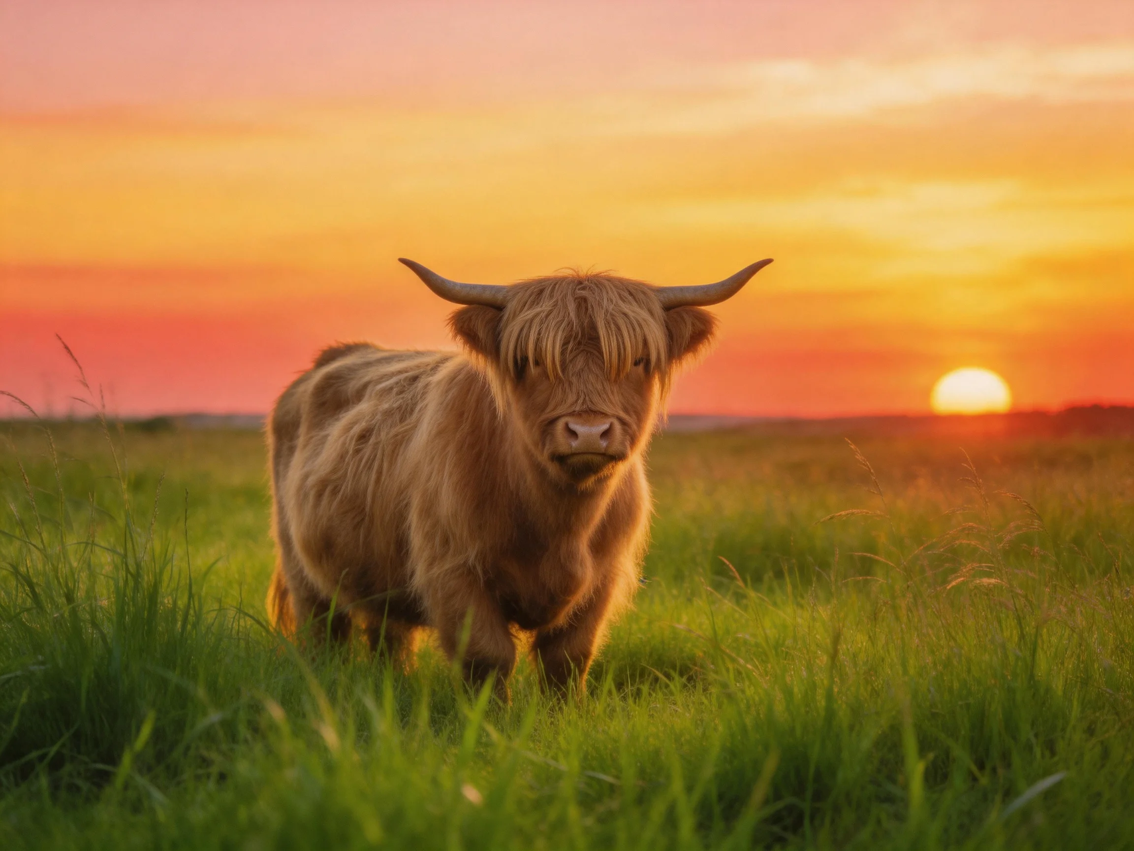 A Highland cow in a lush green meadow under a vibrant sunset sky