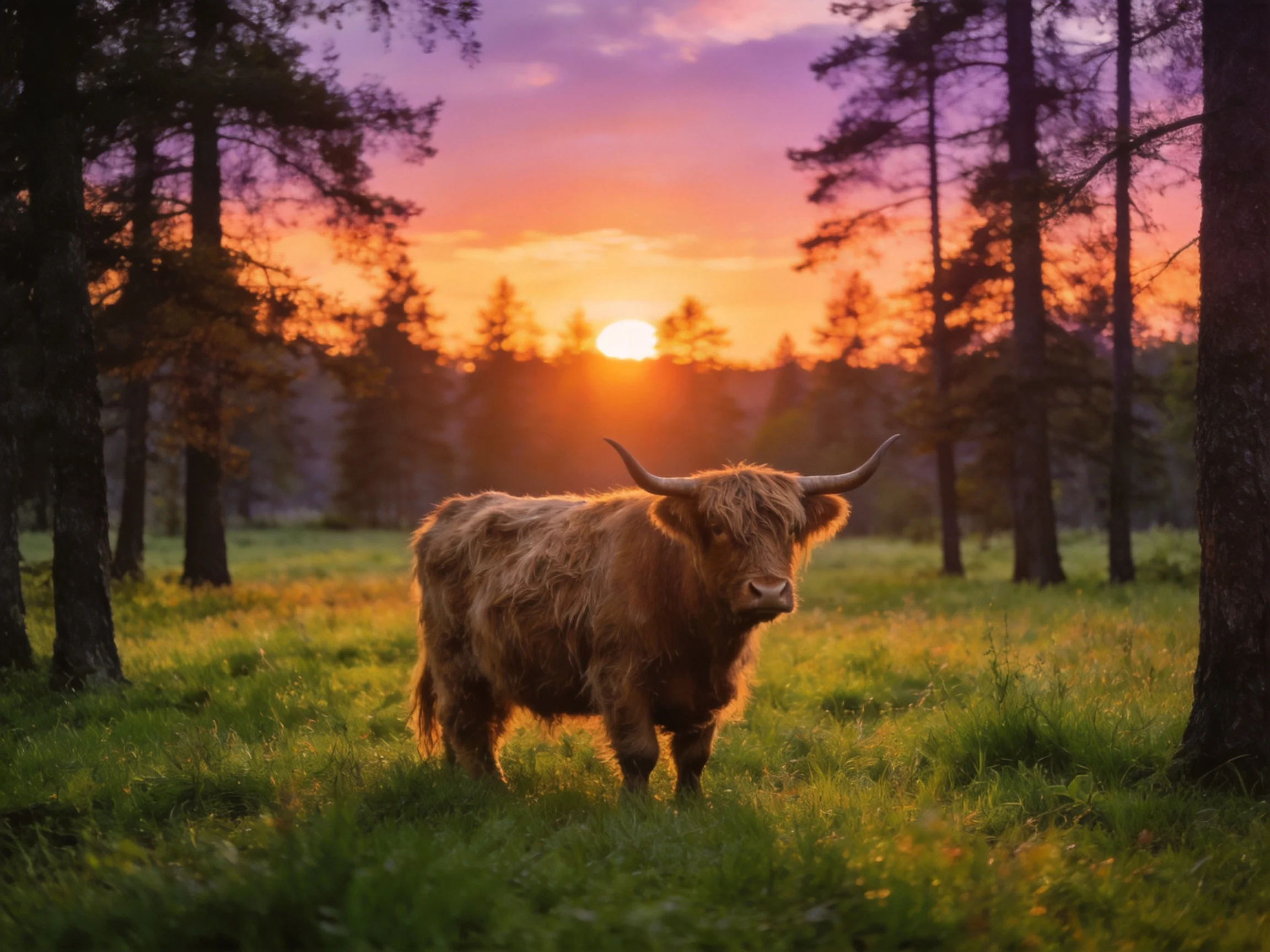 A Highland cow in a sunlit forest clearing at sunset
