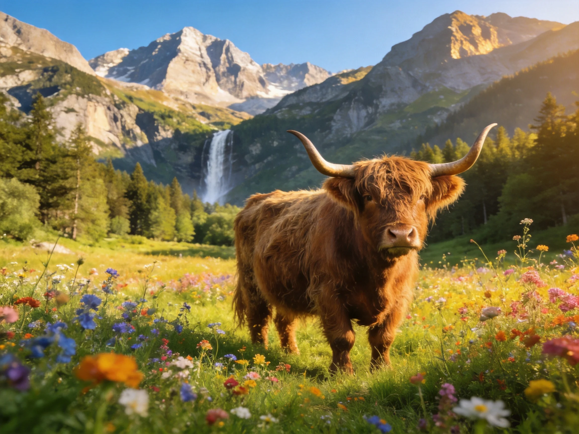 A Highland cow in a vibrant meadow near towering mountains