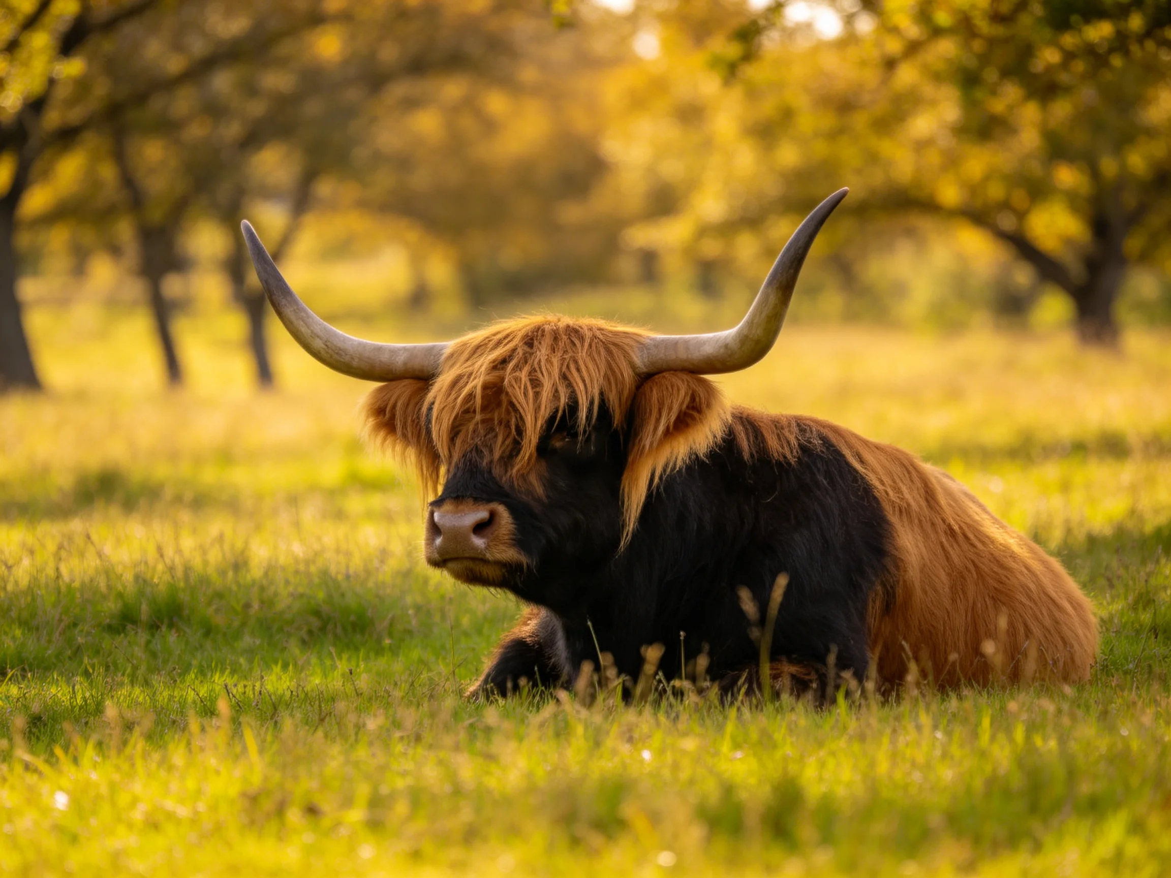 A Highland cow rests in a sun-drenched grassy field near trees.