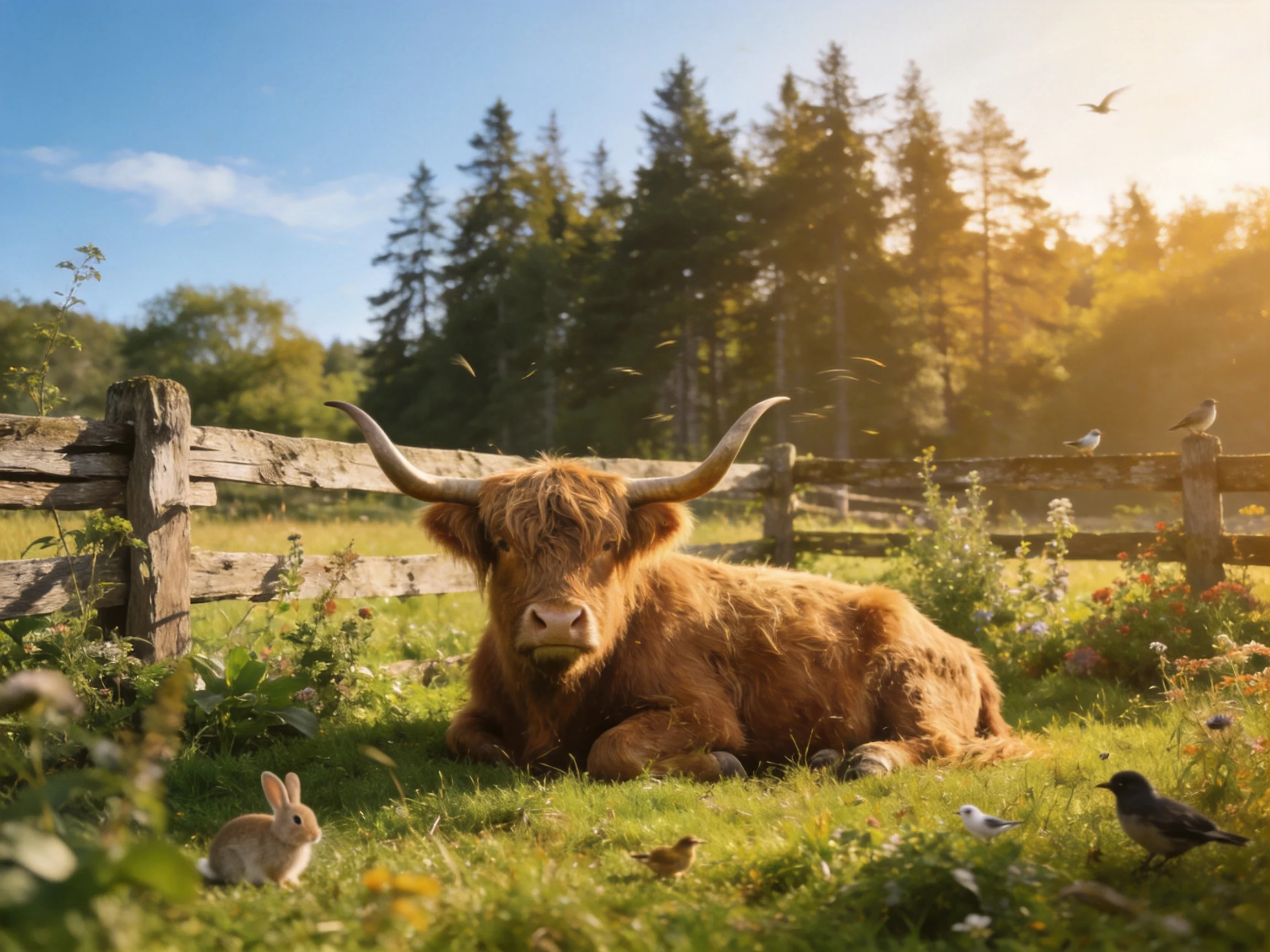 A Highland cow relaxes in a sunlit meadow surrounded by wildlife and a wooden fence.