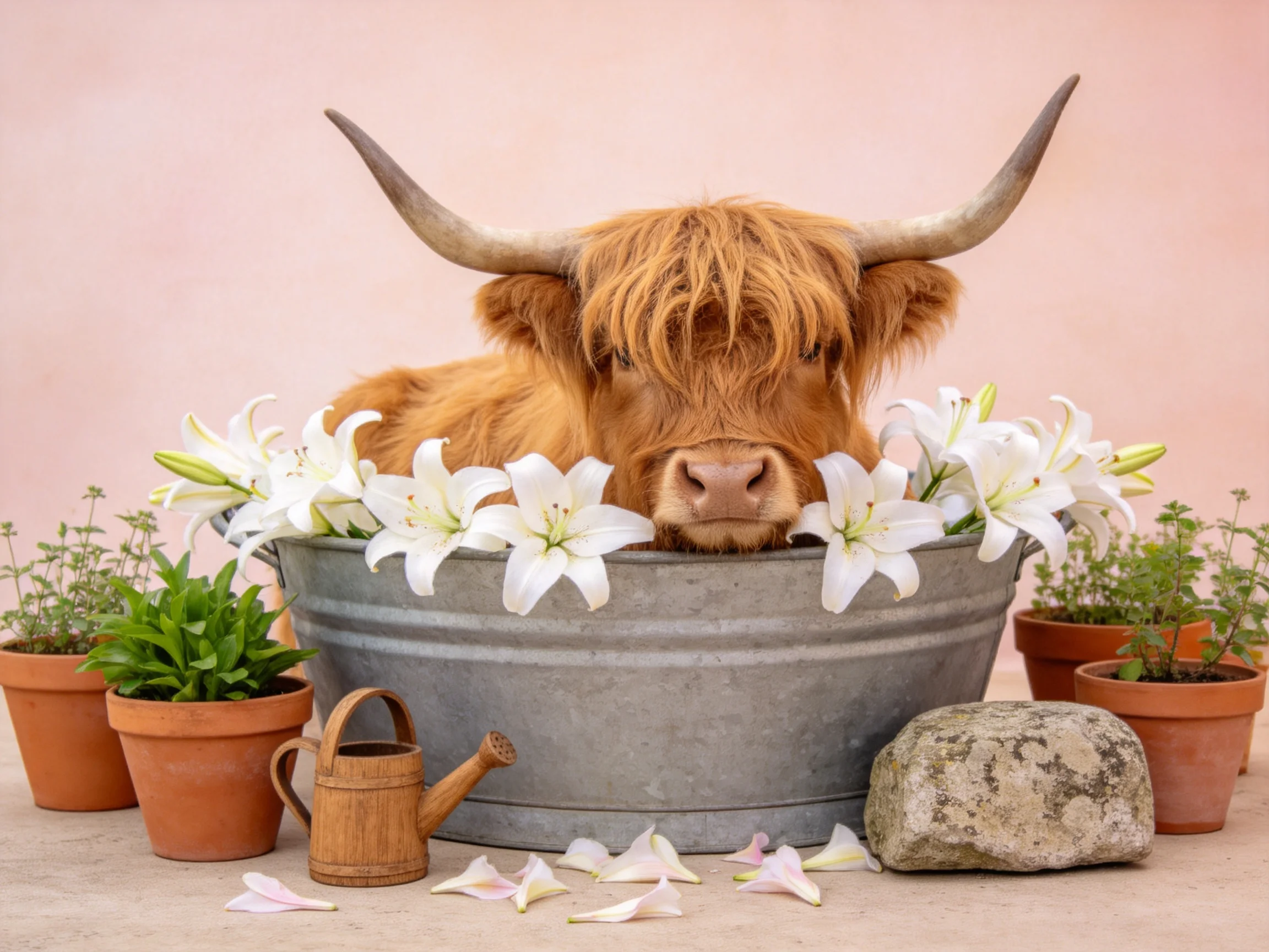 A Highland cow rests in a galvanized tub amid white lilies and terracotta pots