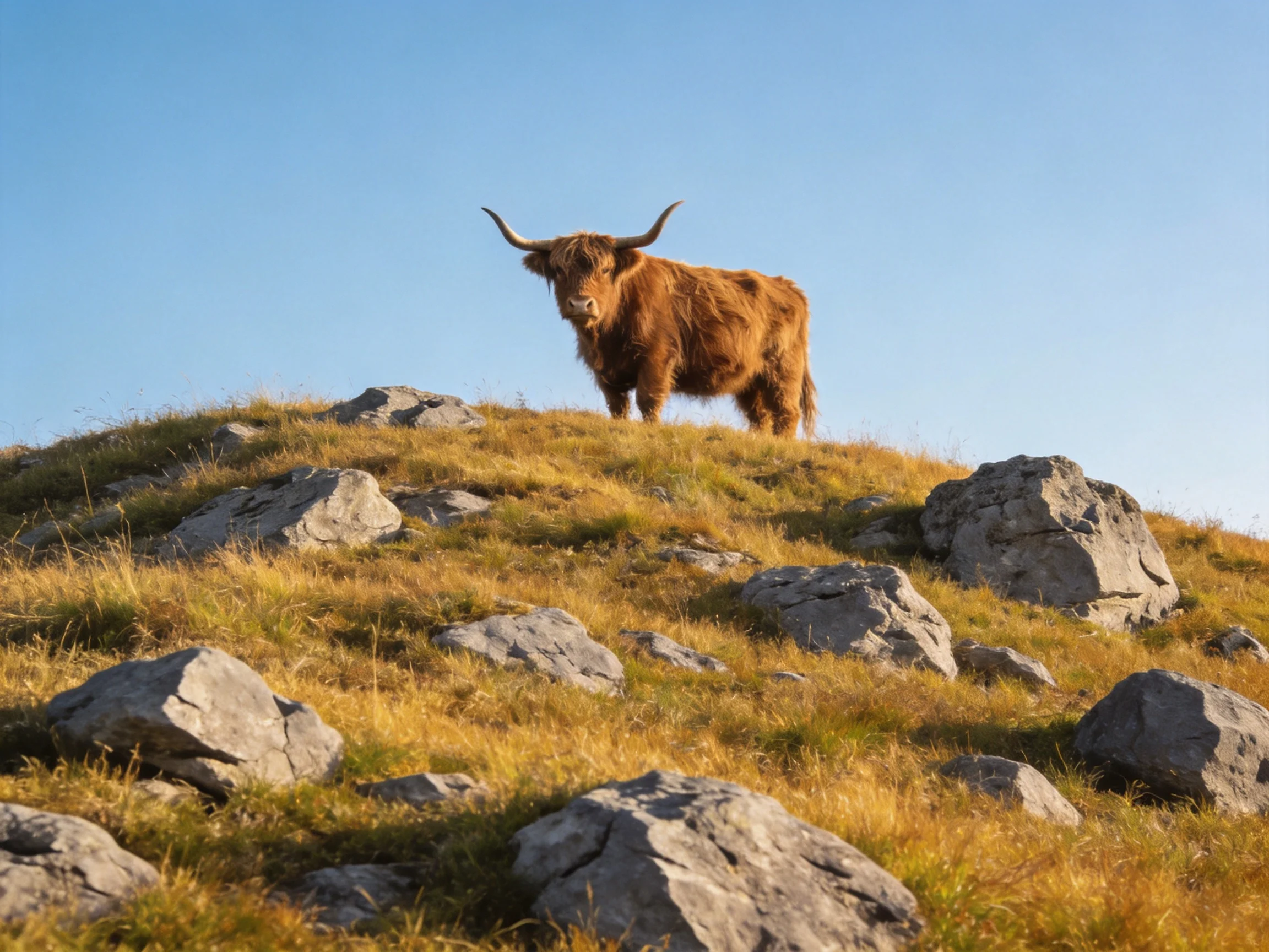 A Highland cow stands atop a rocky, golden-hued hillside