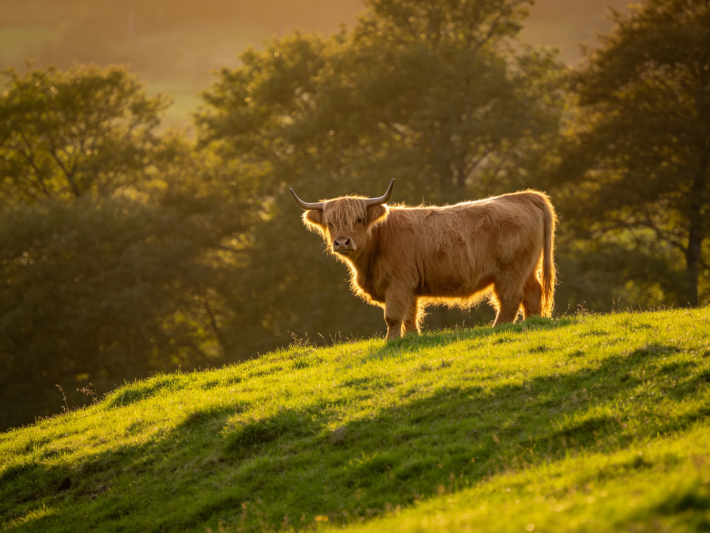 A Highland cow stands on a sunlit green hillside with forested backdrop