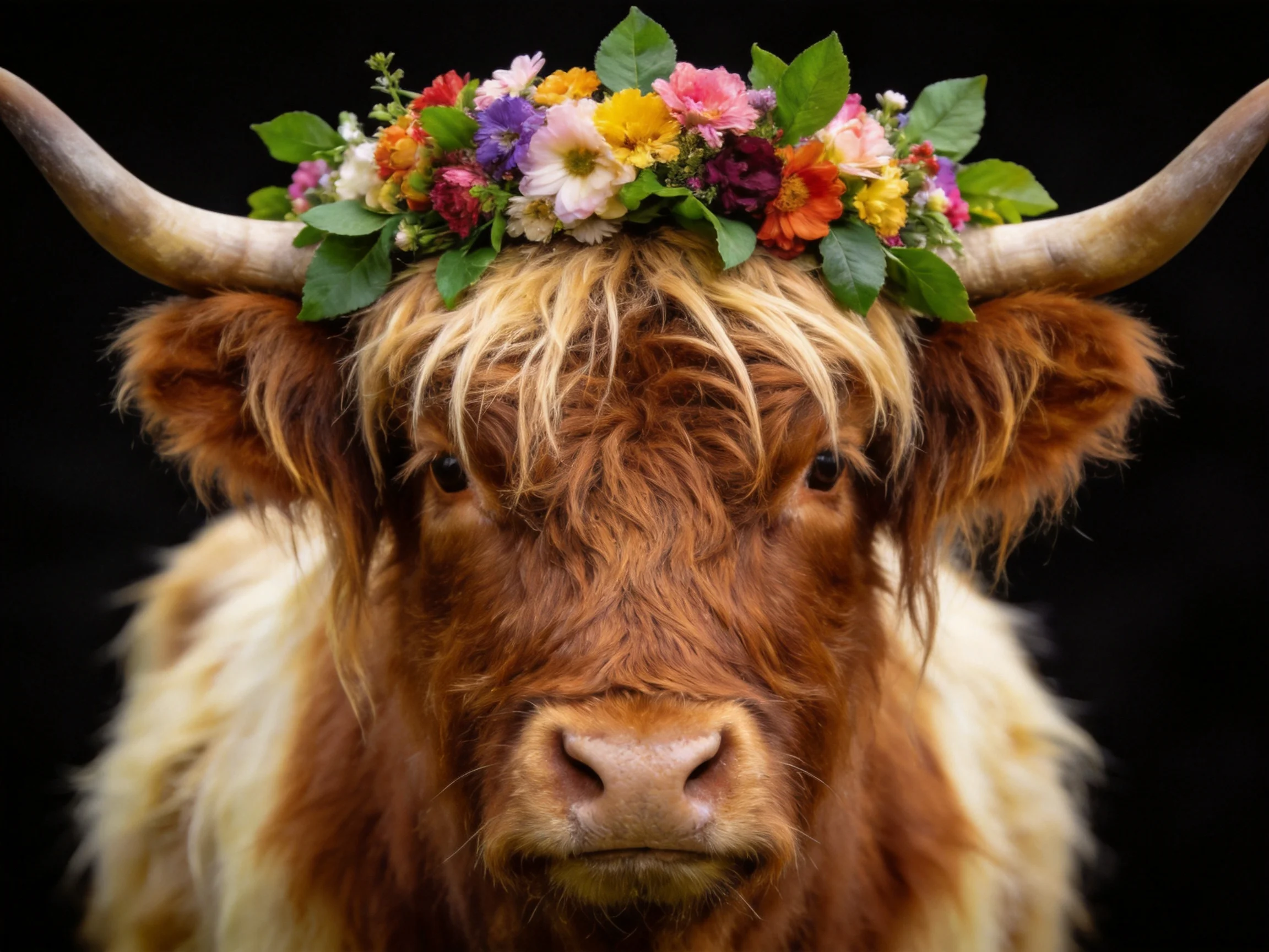 A Highland cow wears a colorful flower crown against a dark backdrop.