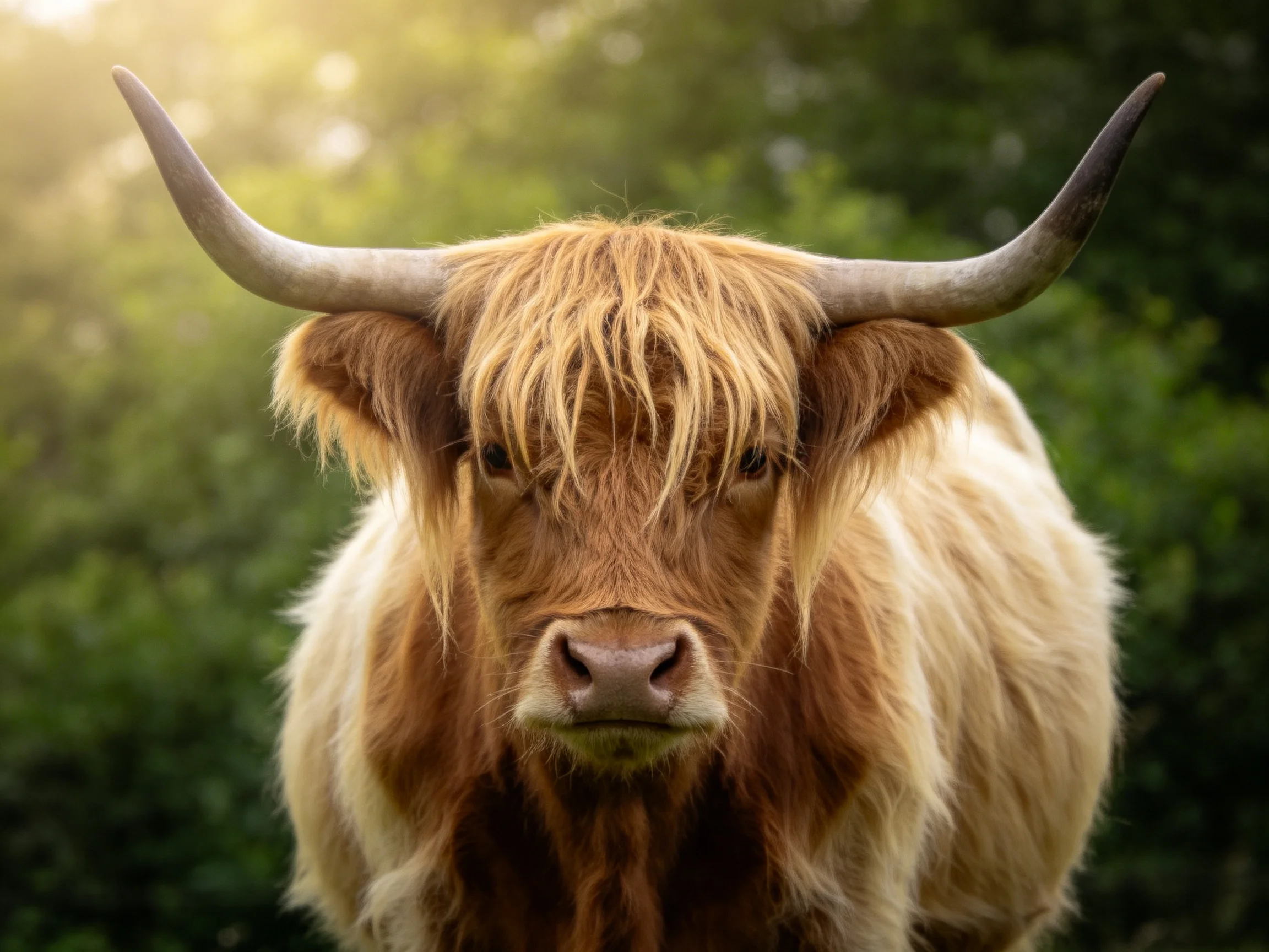 A Highland cow with large curved horns, brown and cream shaggy fur