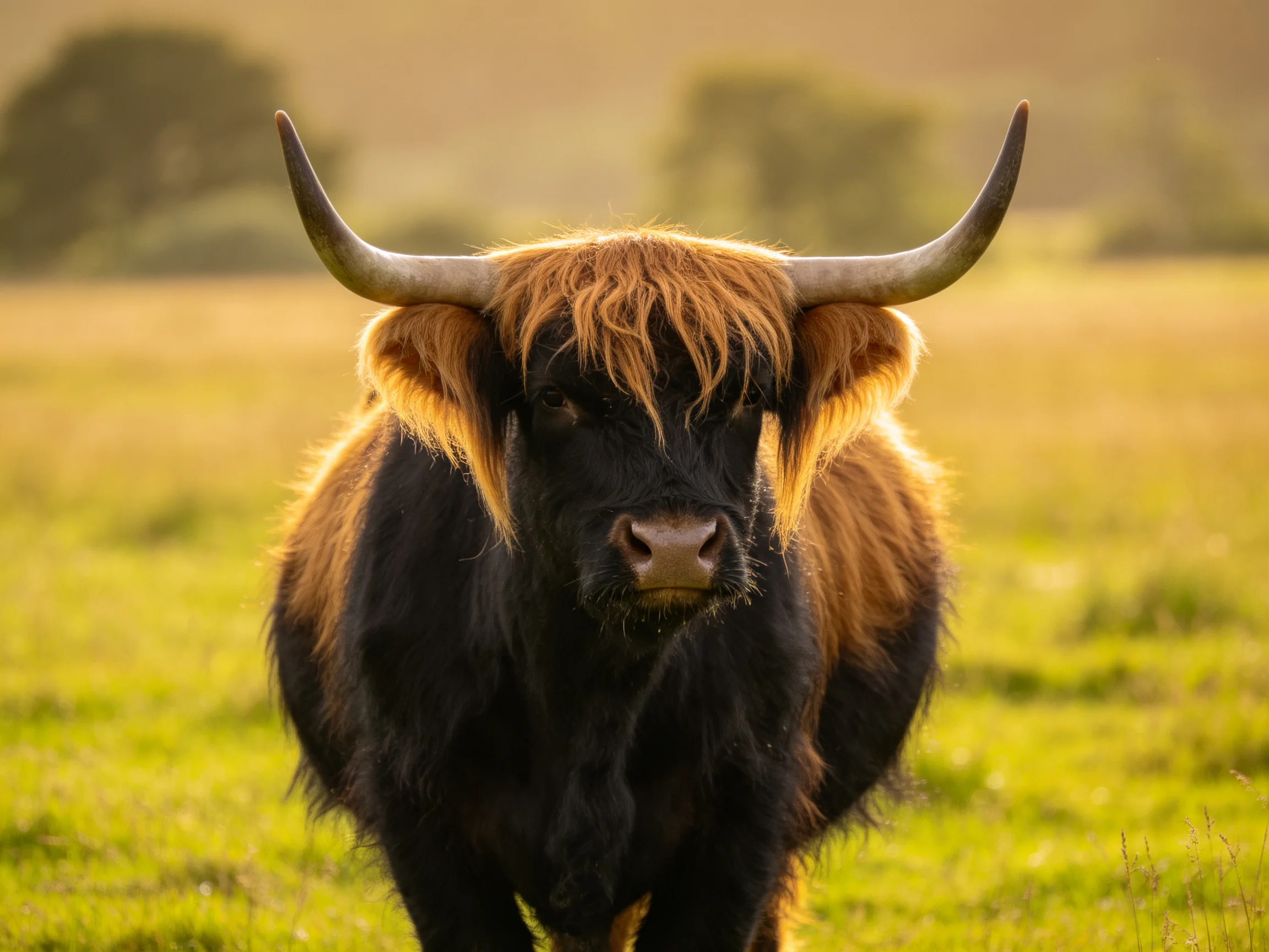 A Highland cow with large curved horns in a sunlit green pasture