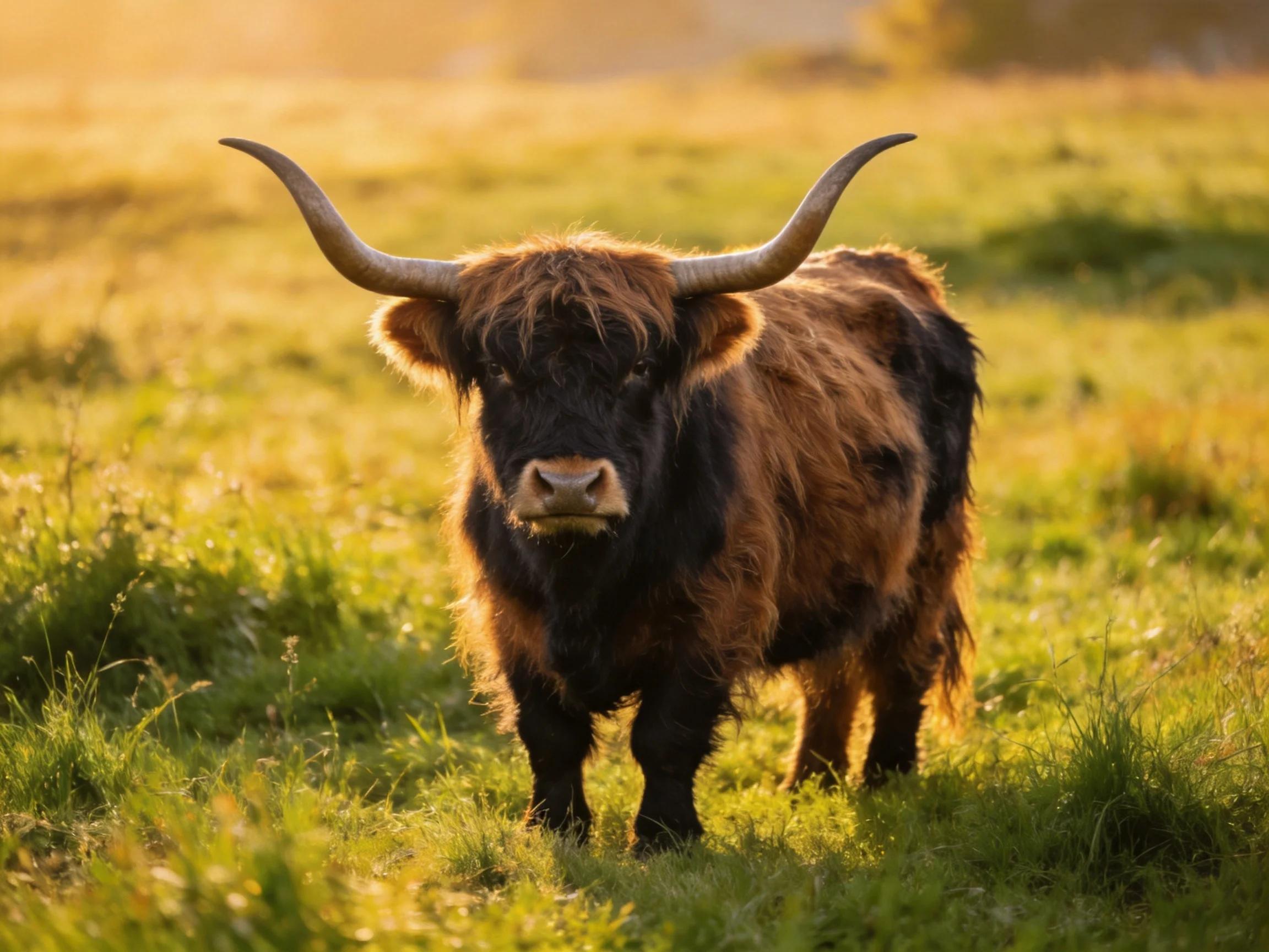 A Highland cow with long curved horns in a golden meadow