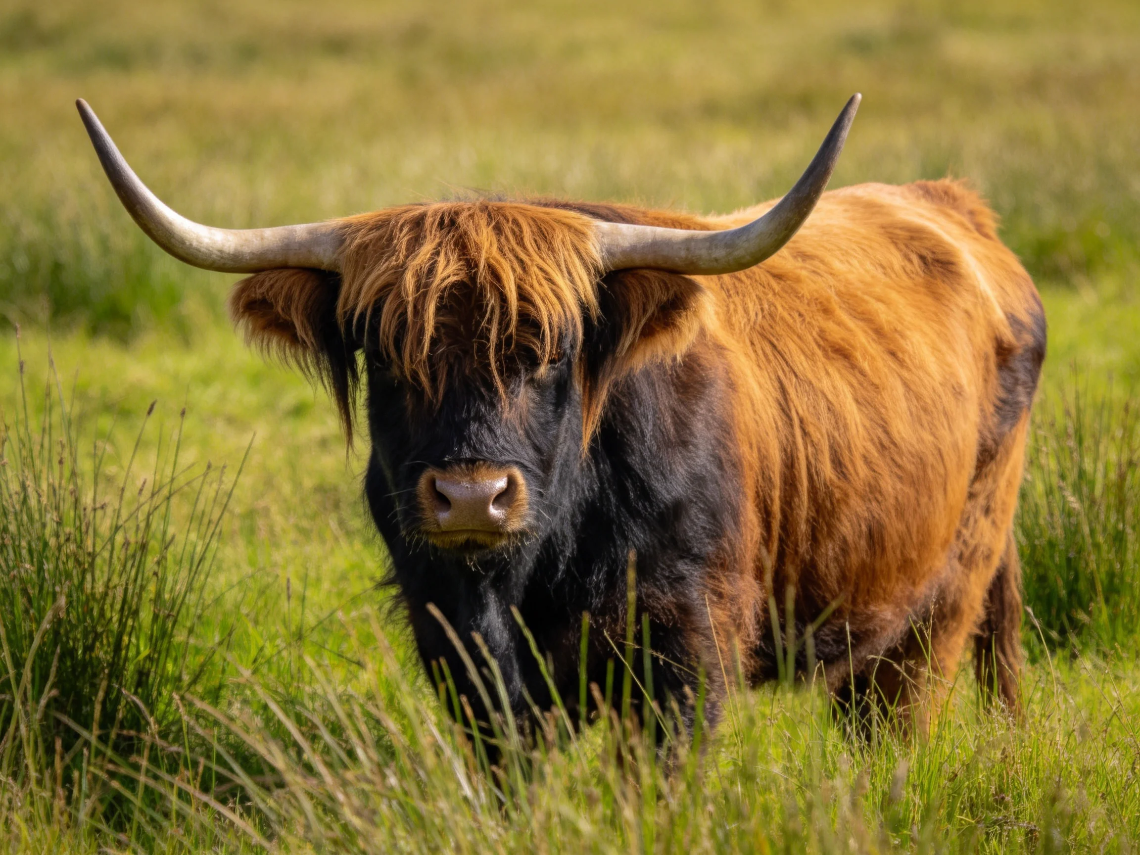 A Highland cow with long curved horns in a lush green meadow