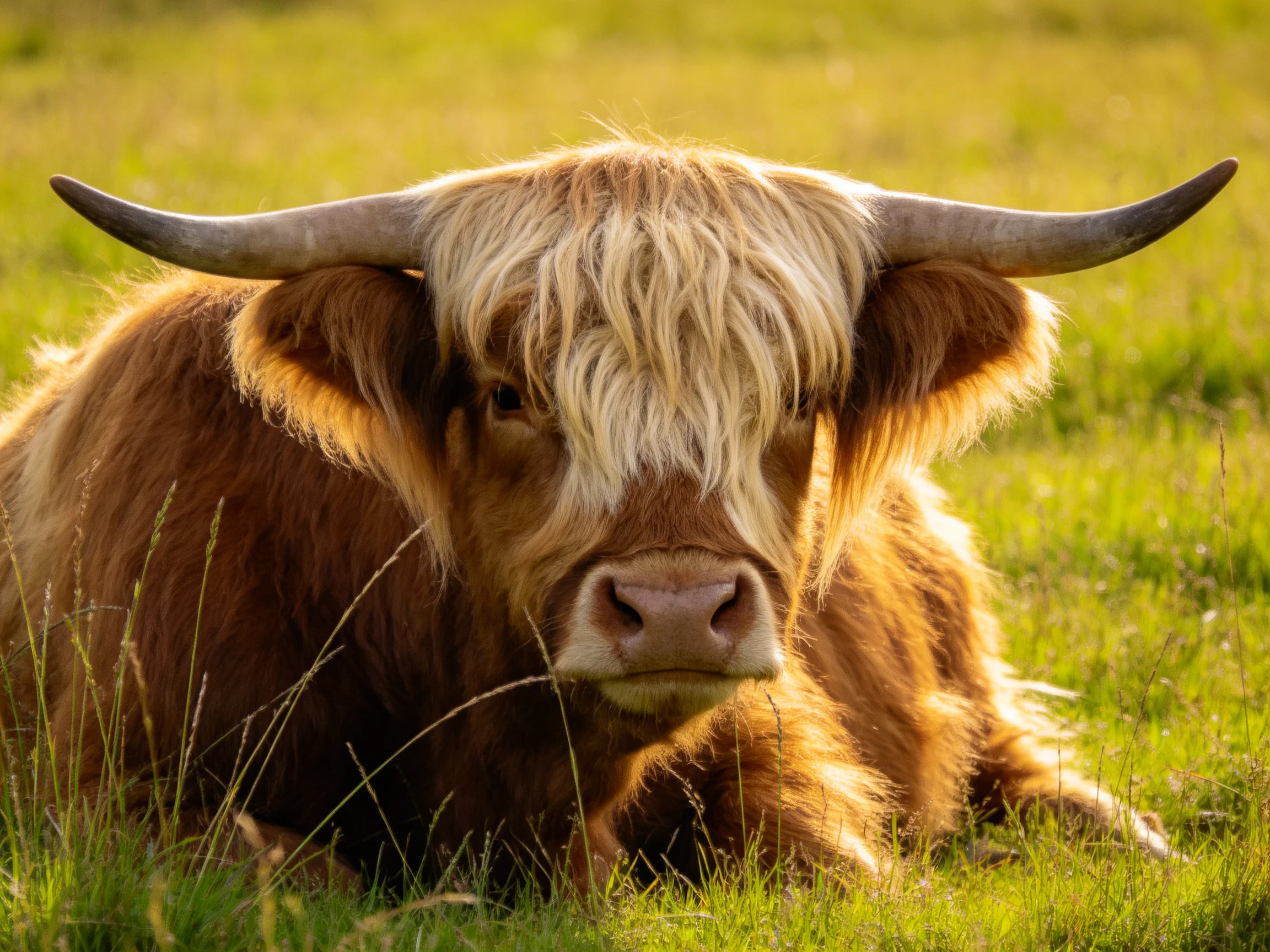 A Highland cow with long curved horns rests in sunlit green grass