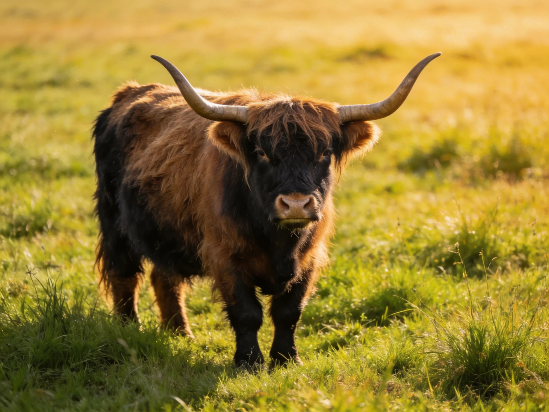 A Highland cow with long curved horns stands in golden grassland