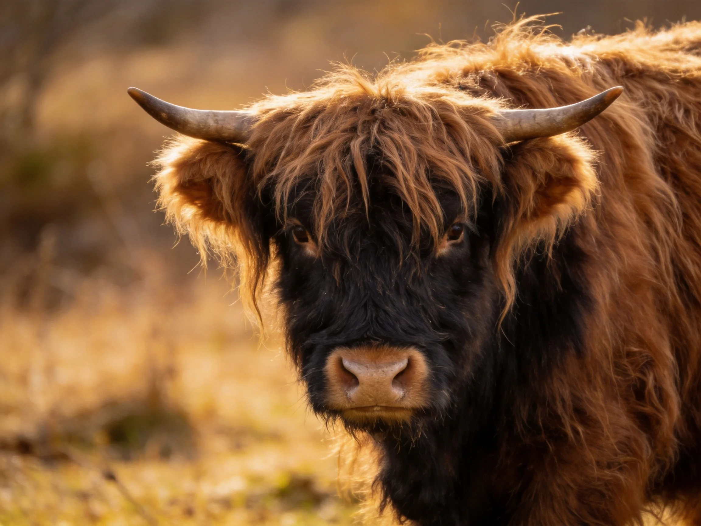 A close - up of a Highland cow with shaggy brown fur in asunlit field.