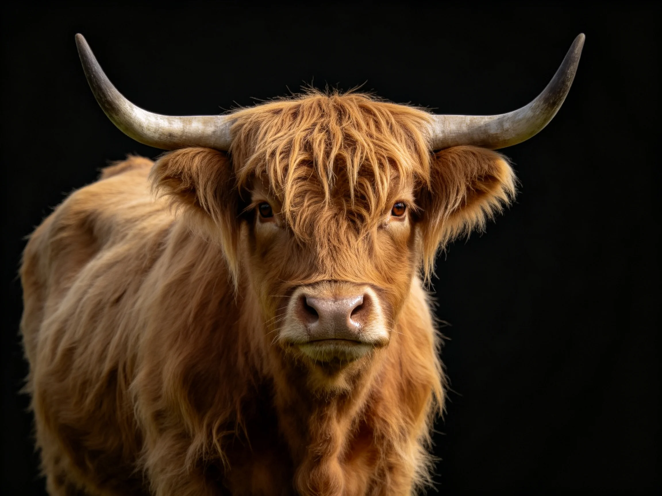 A Highland cow with shaggy brown fur and large curved horns against a black backdrop