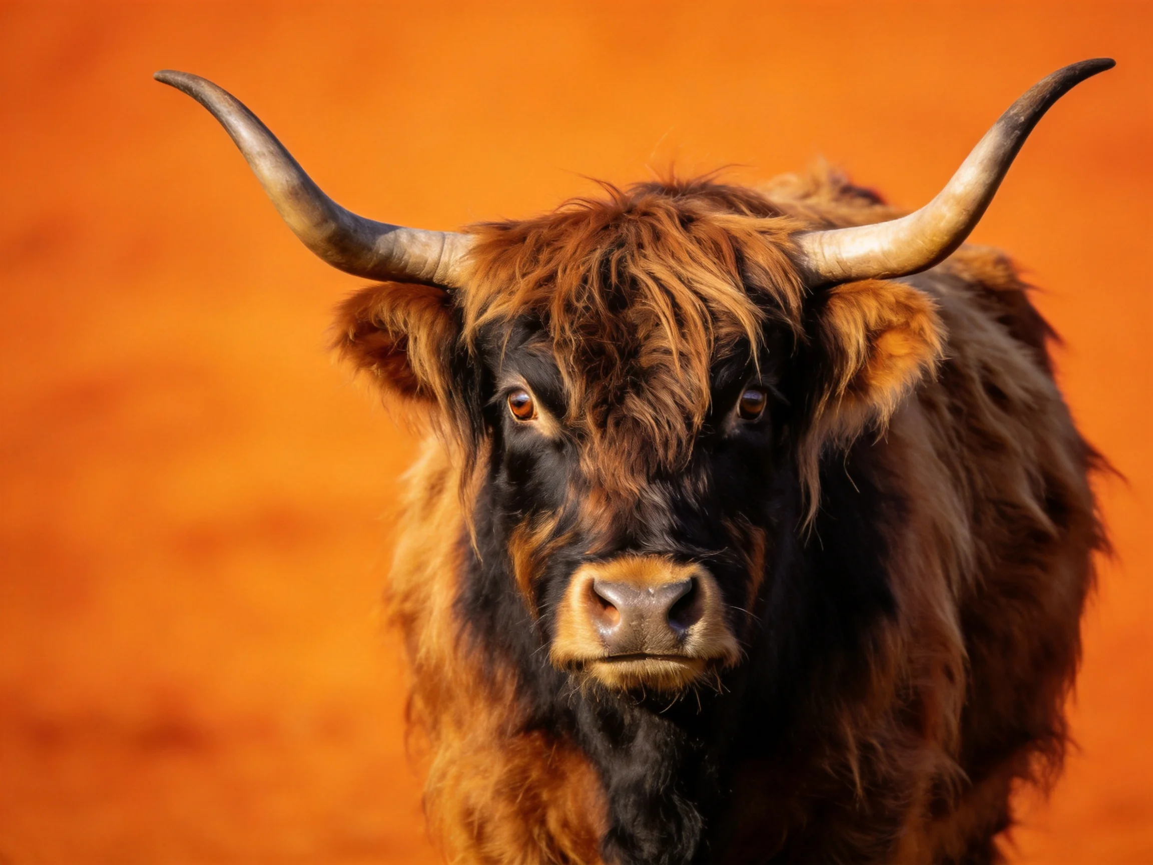 A Highland cow with shaggy brown fur and large curved horns against an orange backdrop