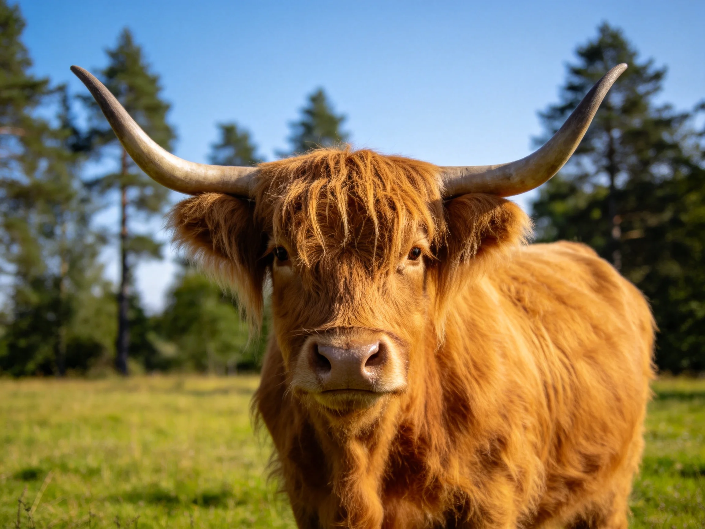 A Highland cow with shaggy brown fur and large curved horns in a sunny meadow