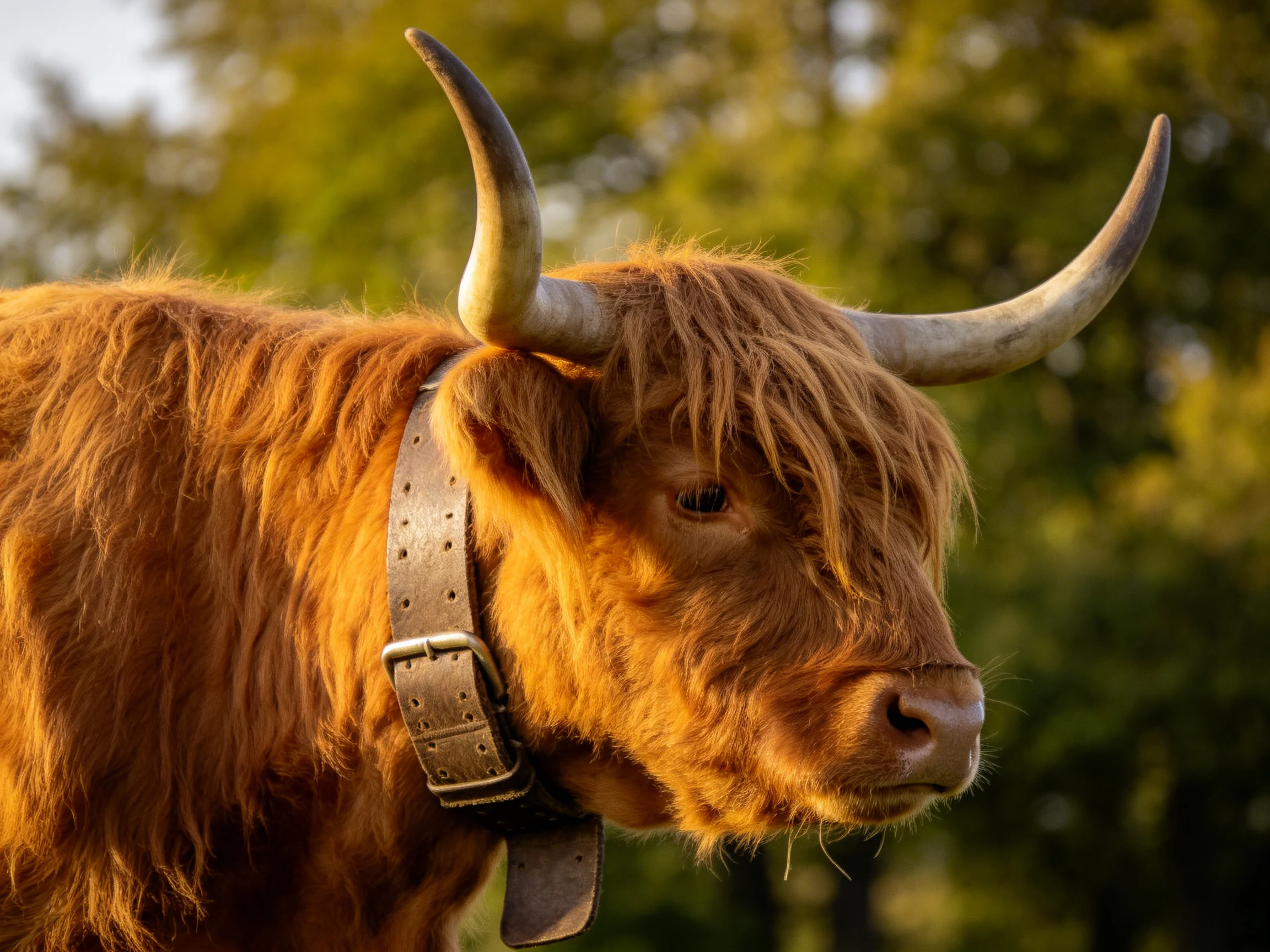 A Highland cow with shaggy reddish-brown fur and large curved horns