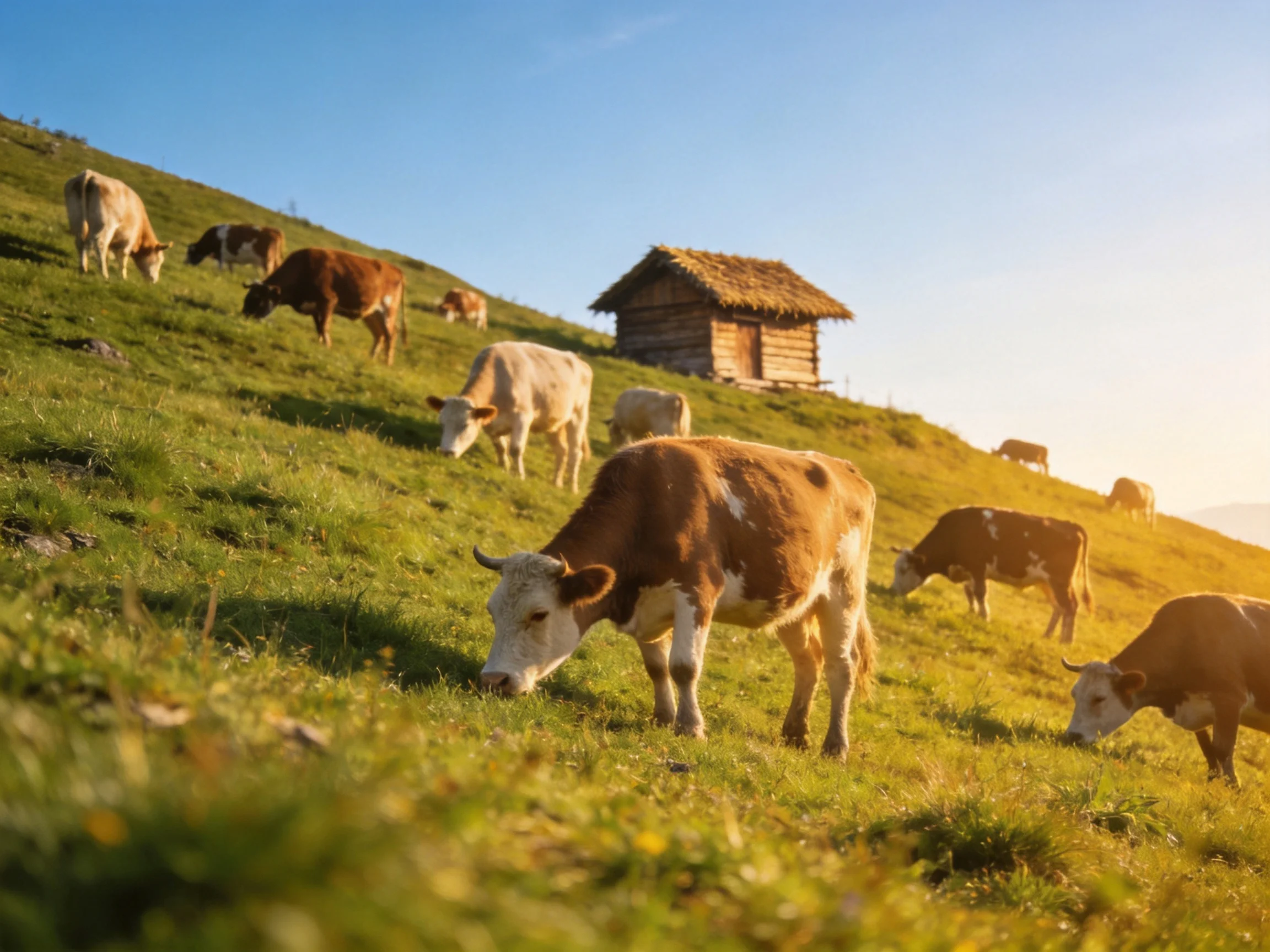 A Hillside Pasture With Multiple Cows and a Wooden Cabin Under Sunny Skies