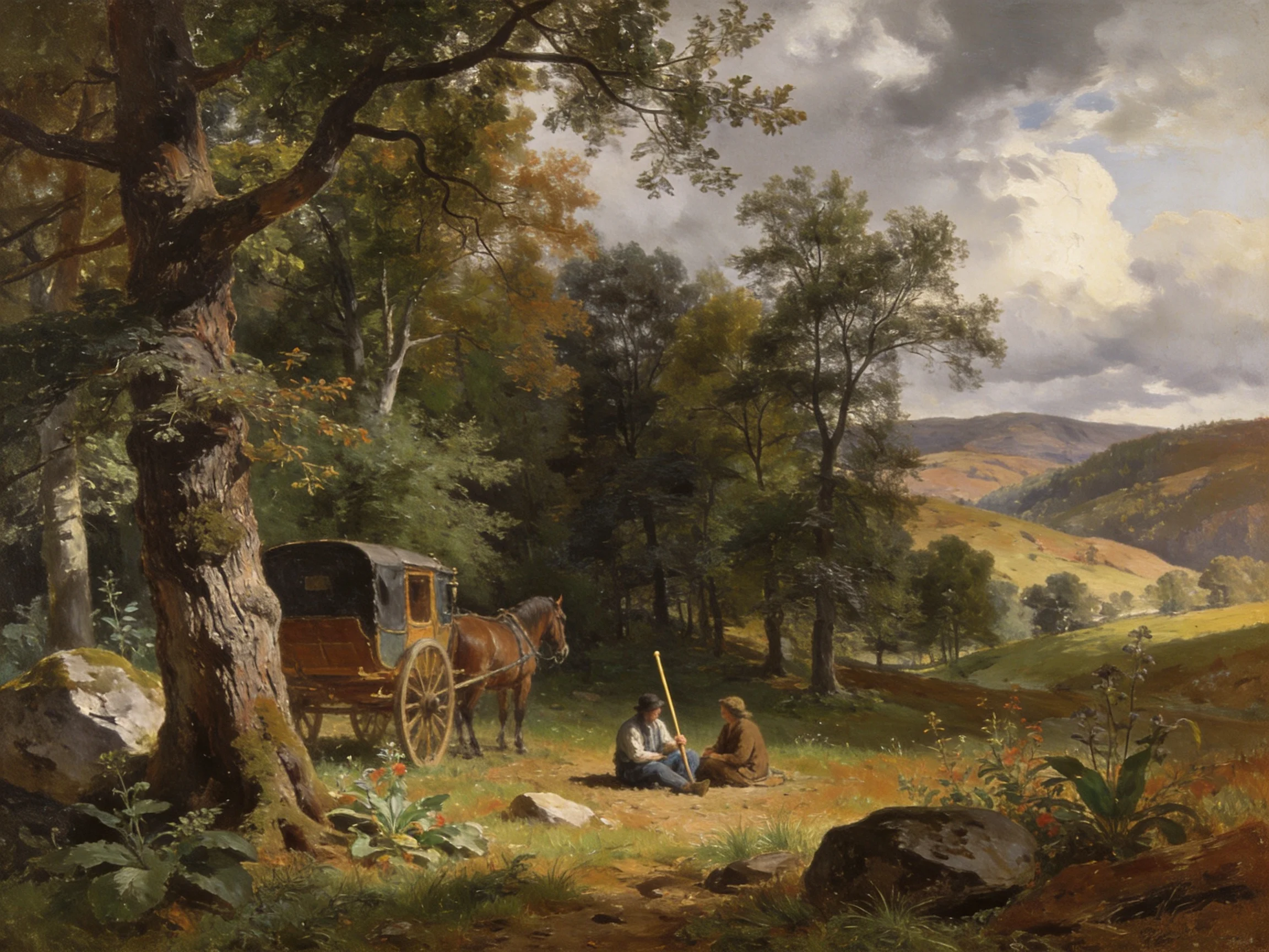 A Horse-Drawn Carriage Amidst Lush Forest and Rolling Hills