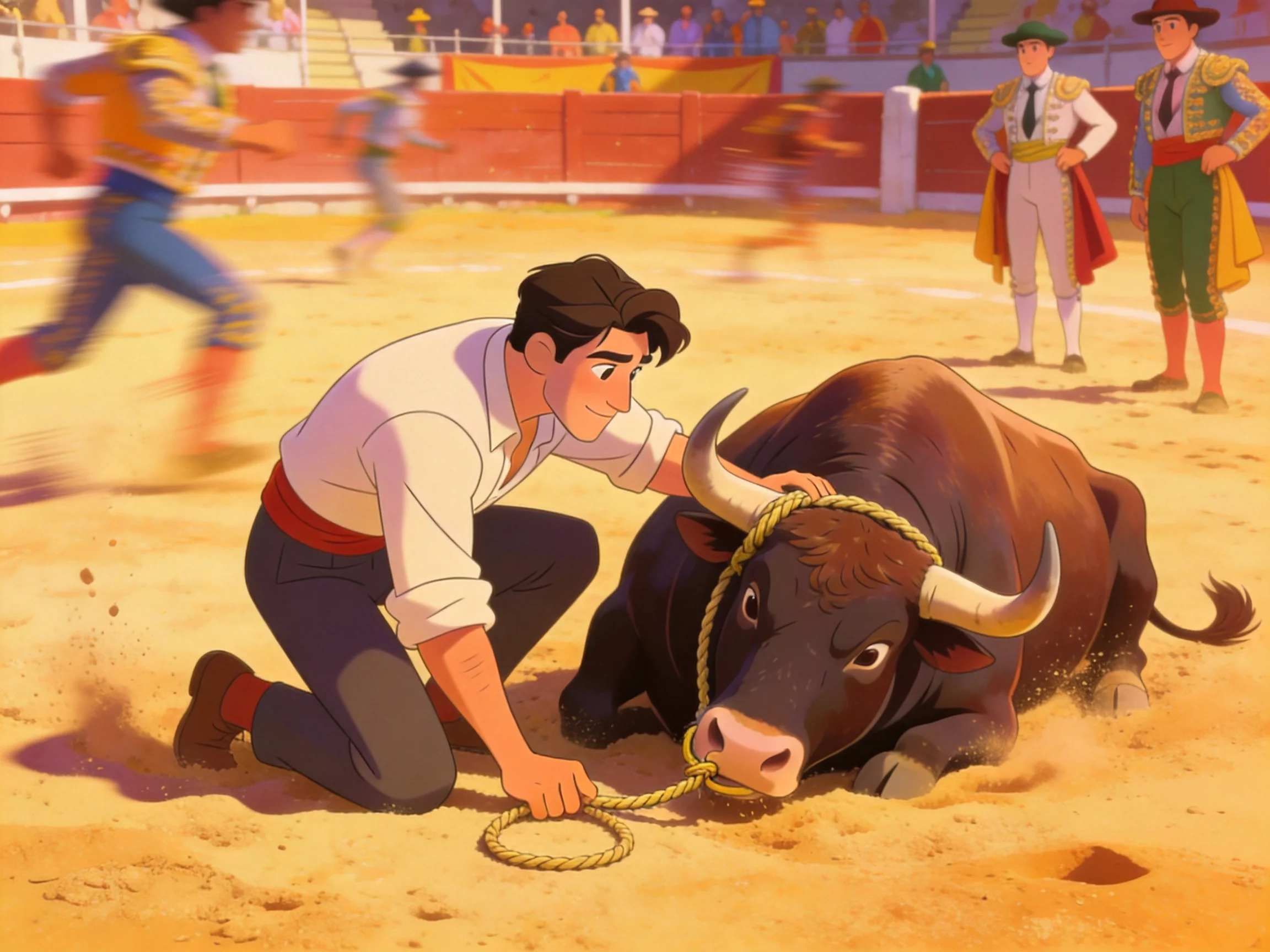 A Man Calming a Bull in a Traditional Arena Setting
