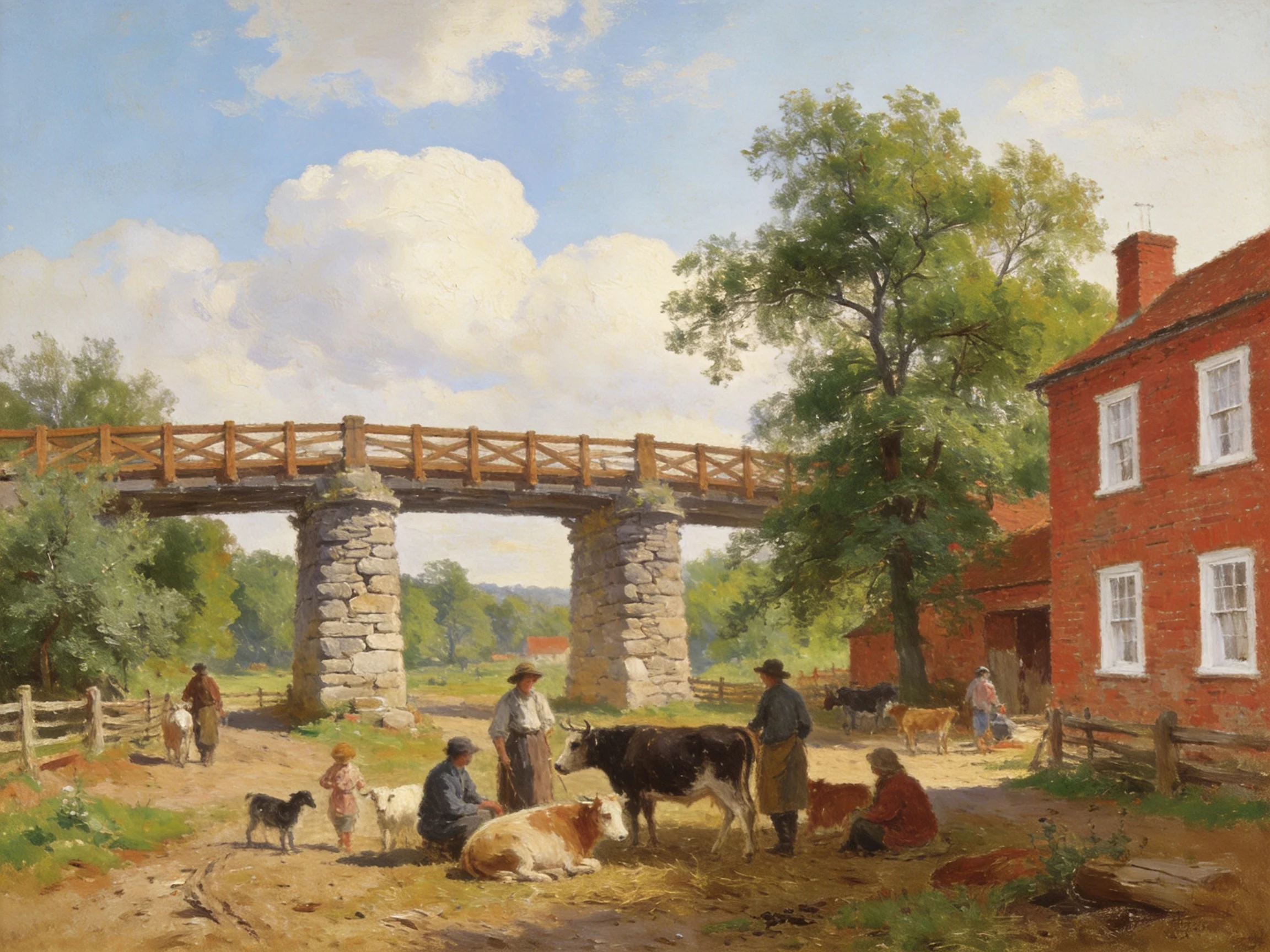 A Rural Village Scene with Cattle, Stone Bridge, and Red Brick House
