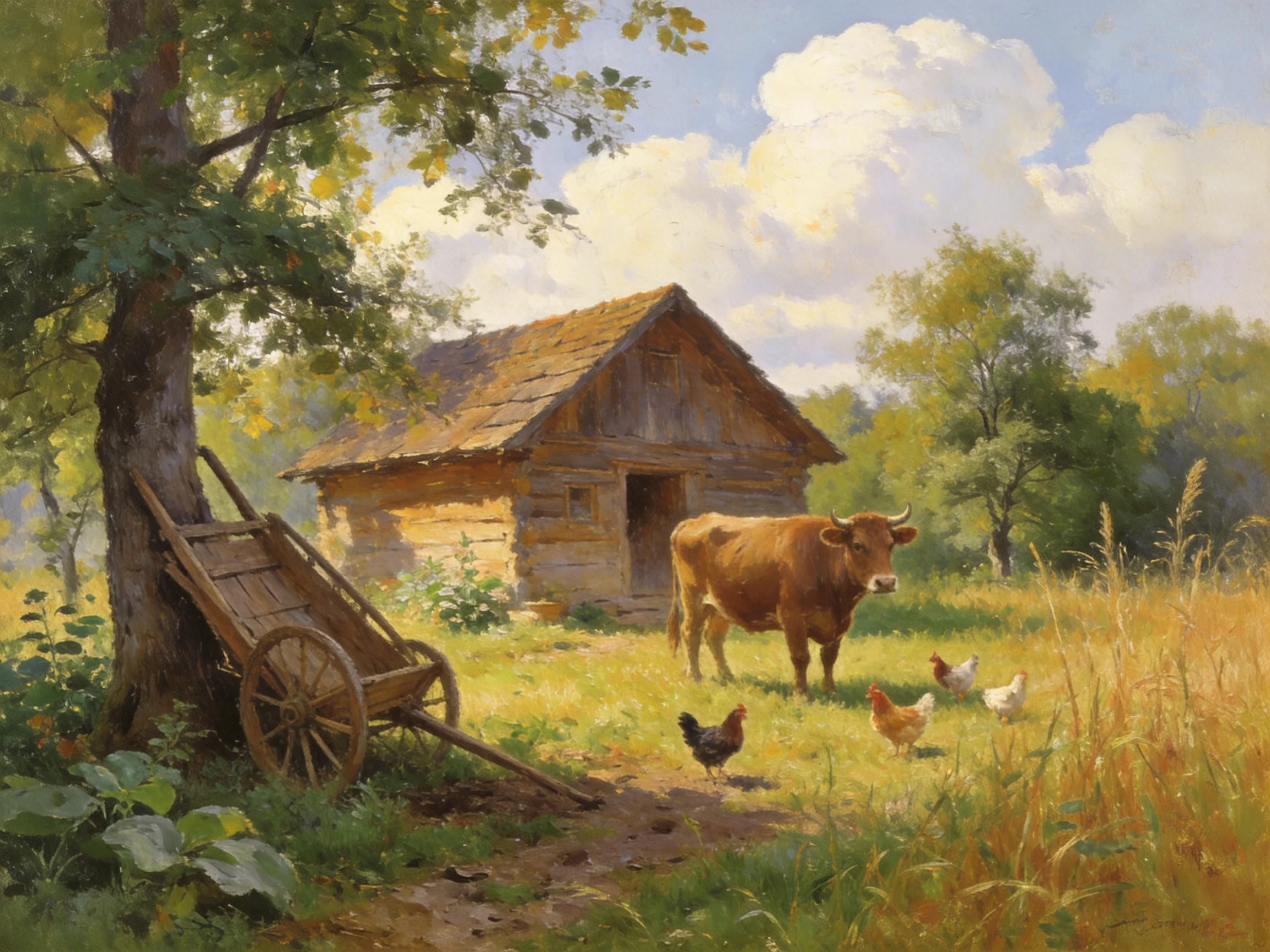 A Rustic Barnyard Scene with Cattle and Chickens Under Sunny Skies