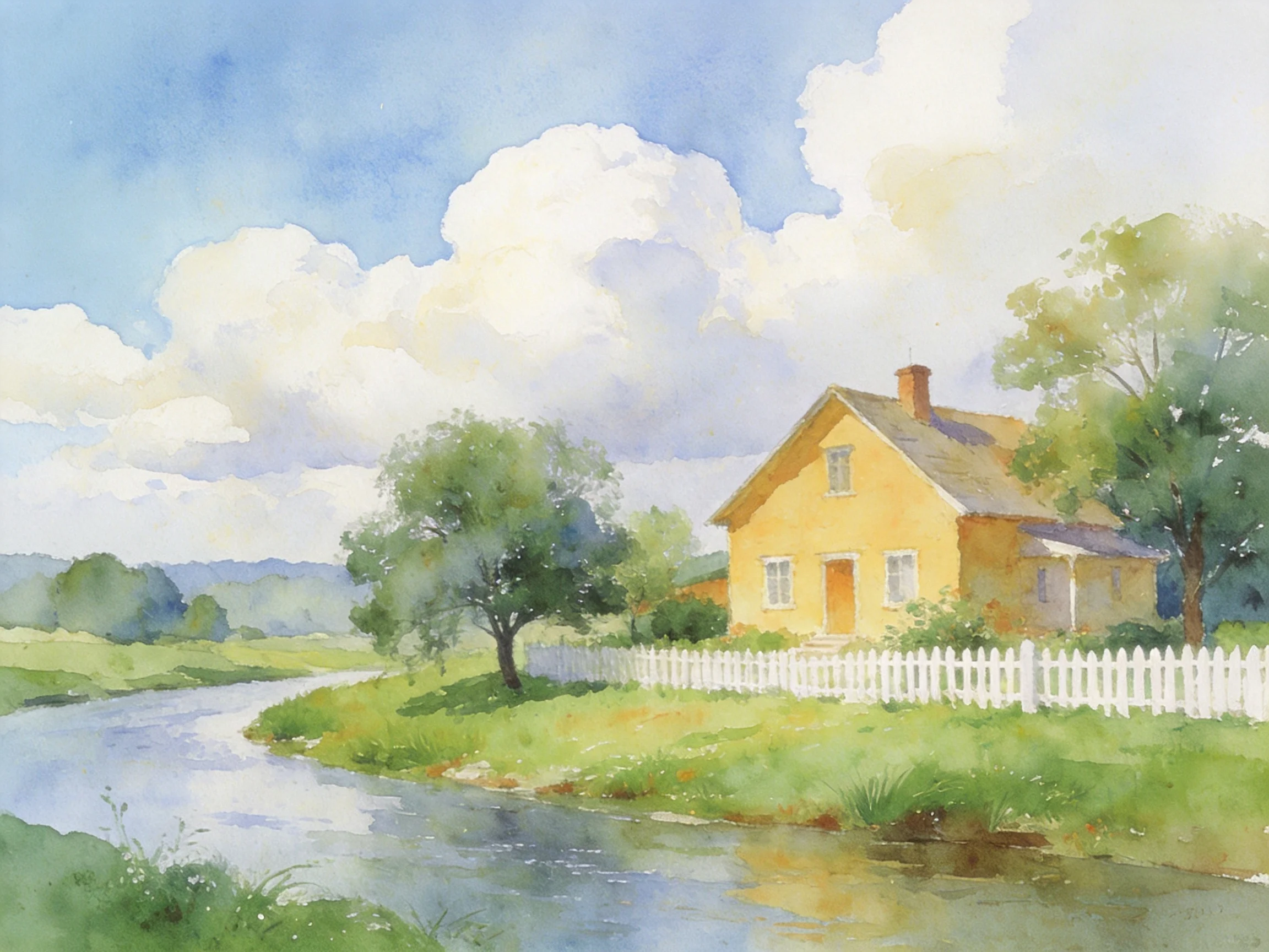 A Sunny Yellow House by a White Fence Near a Flowing River