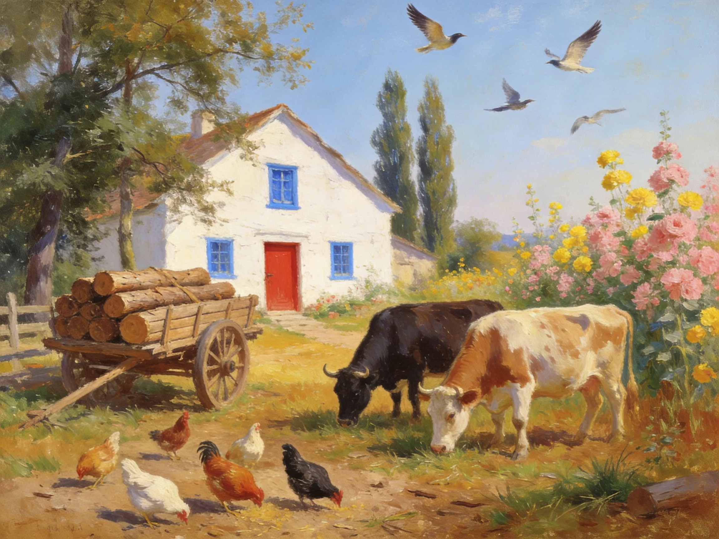 A White Farmhouse with Livestock and Flowering Gardens