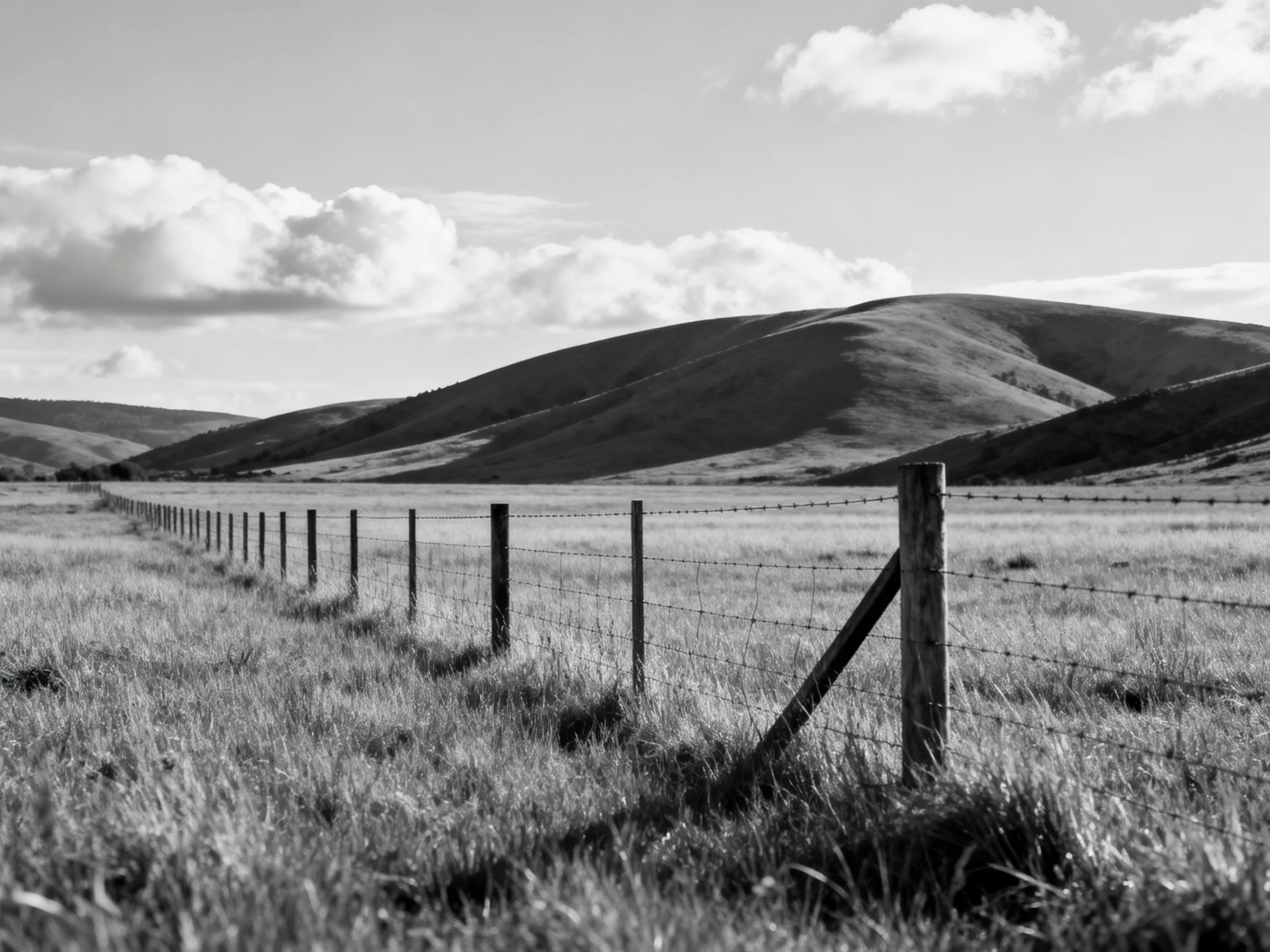 A barbed wire fence stretches along a grassy field toward rolling hills under cloudy skies